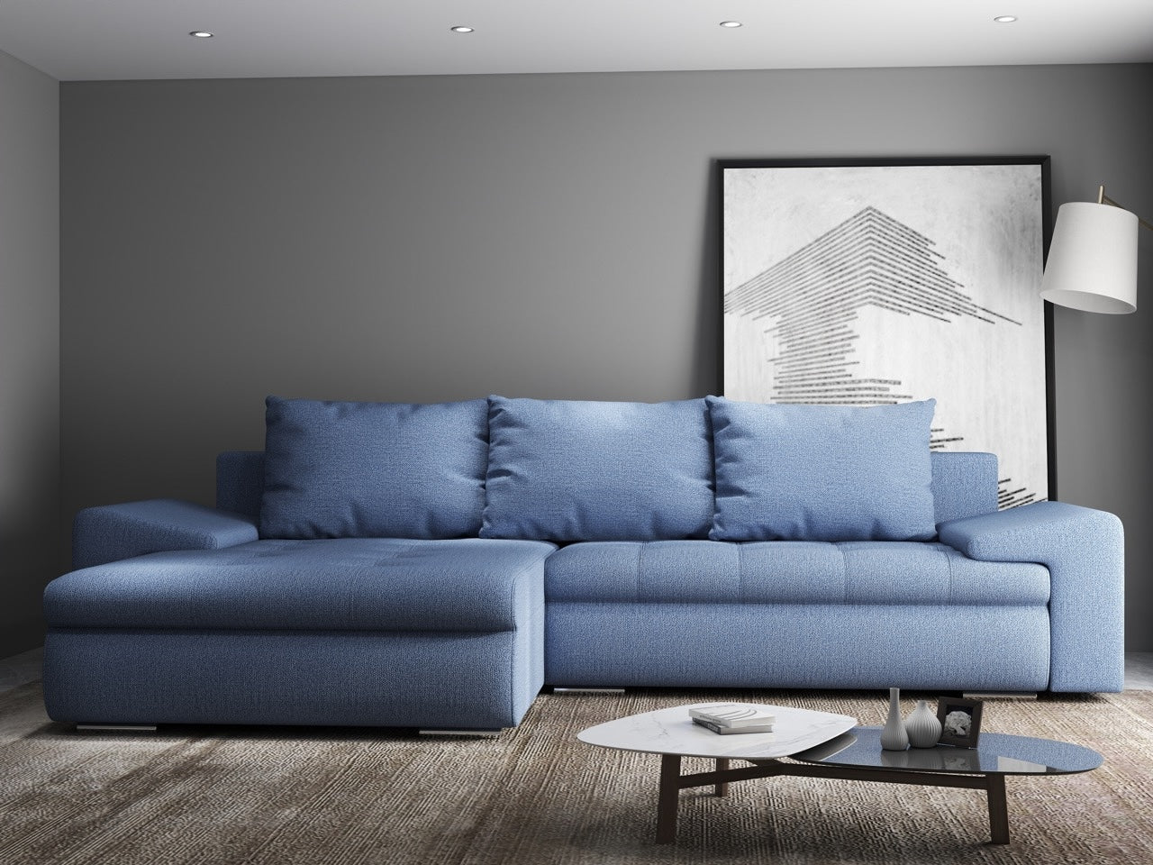 Colțar extensibil dumonde cu ladă de depozitare si sezut confortabil din spuma HR, Leonardo Enjoy Albastru 260x185 cm Fabrica