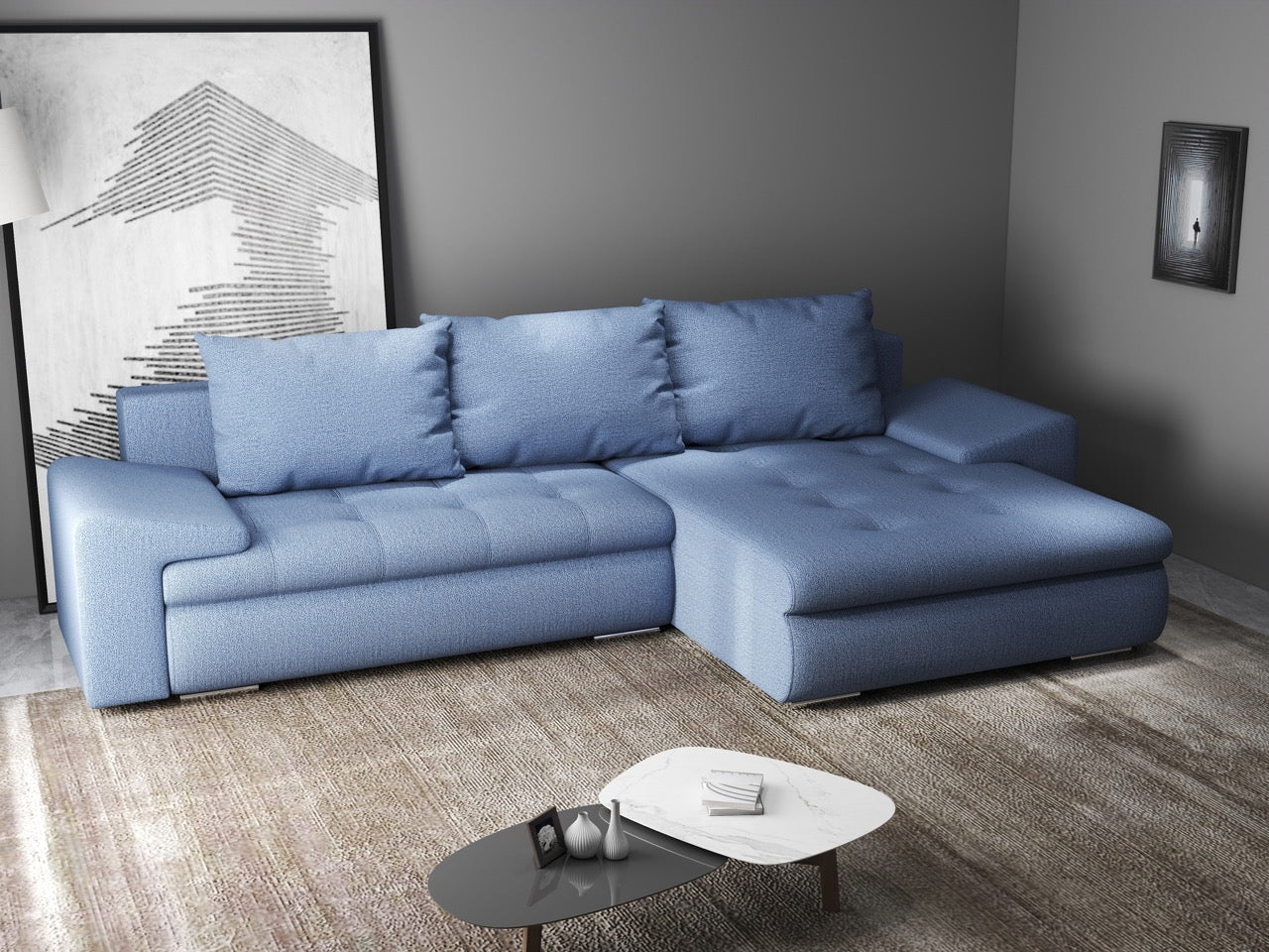 Colțar extensibil dumonde cu ladă de depozitare si sezut confortabil din spuma HR, Leonardo Enjoy Albastru 260x185 cm II Fabrica