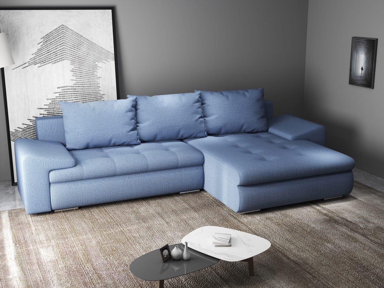 Colțar extensibil dumonde cu ladă de depozitare si sezut confortabil din spuma HR, Leonardo Enjoy Albastru 260x185 cm II Fabrica