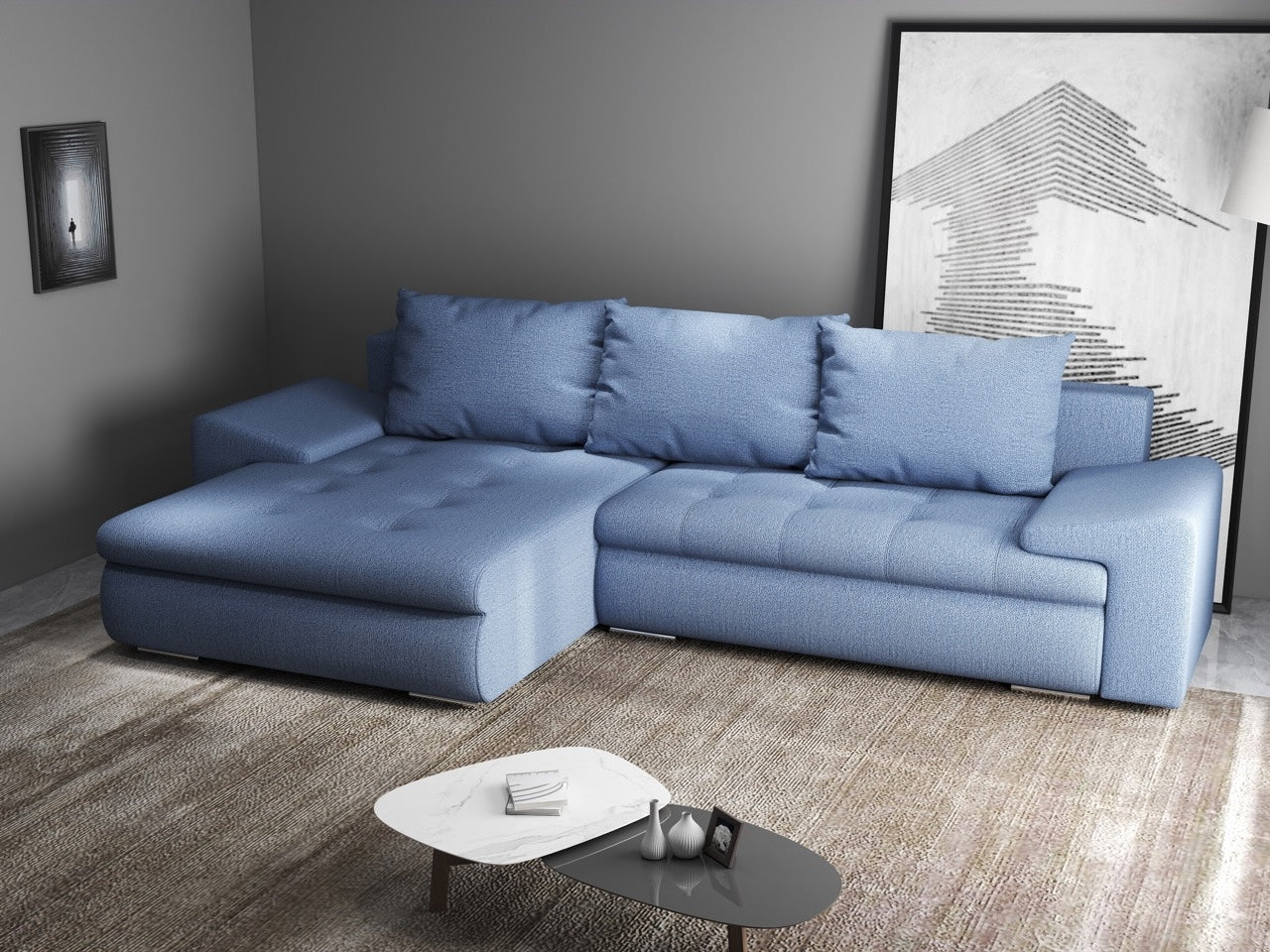 Colțar extensibil dumonde cu ladă de depozitare si sezut confortabil din spuma HR, Leonardo Enjoy Albastru 260x185 cm Fabrica