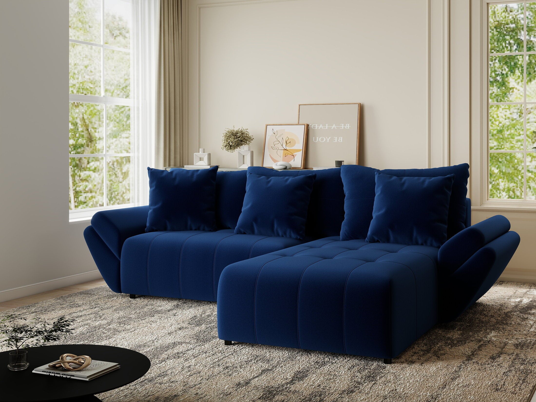 Colțar extensibil dumonde cu ladă de depozitare si sezut confortabil din spuma HR, Berlin Royal Albastru Navy 280x185 cm II