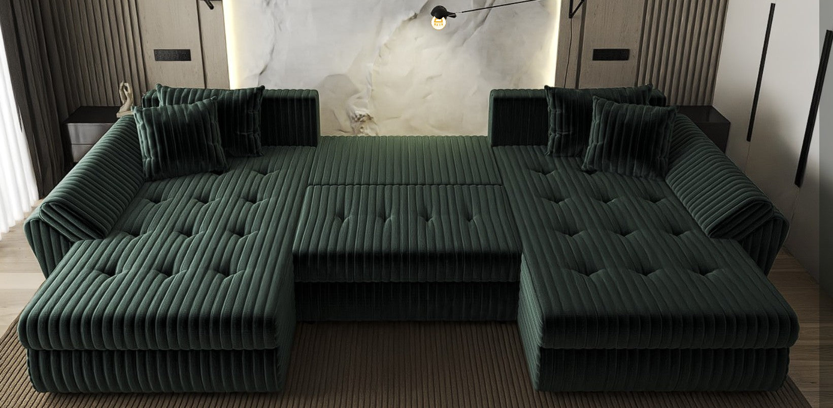 Colțar extensibil dumonde cu ladă de depozitare si sezut confortabil din spuma HR, Loana U Ambience Green 355x185 cm Fabrica