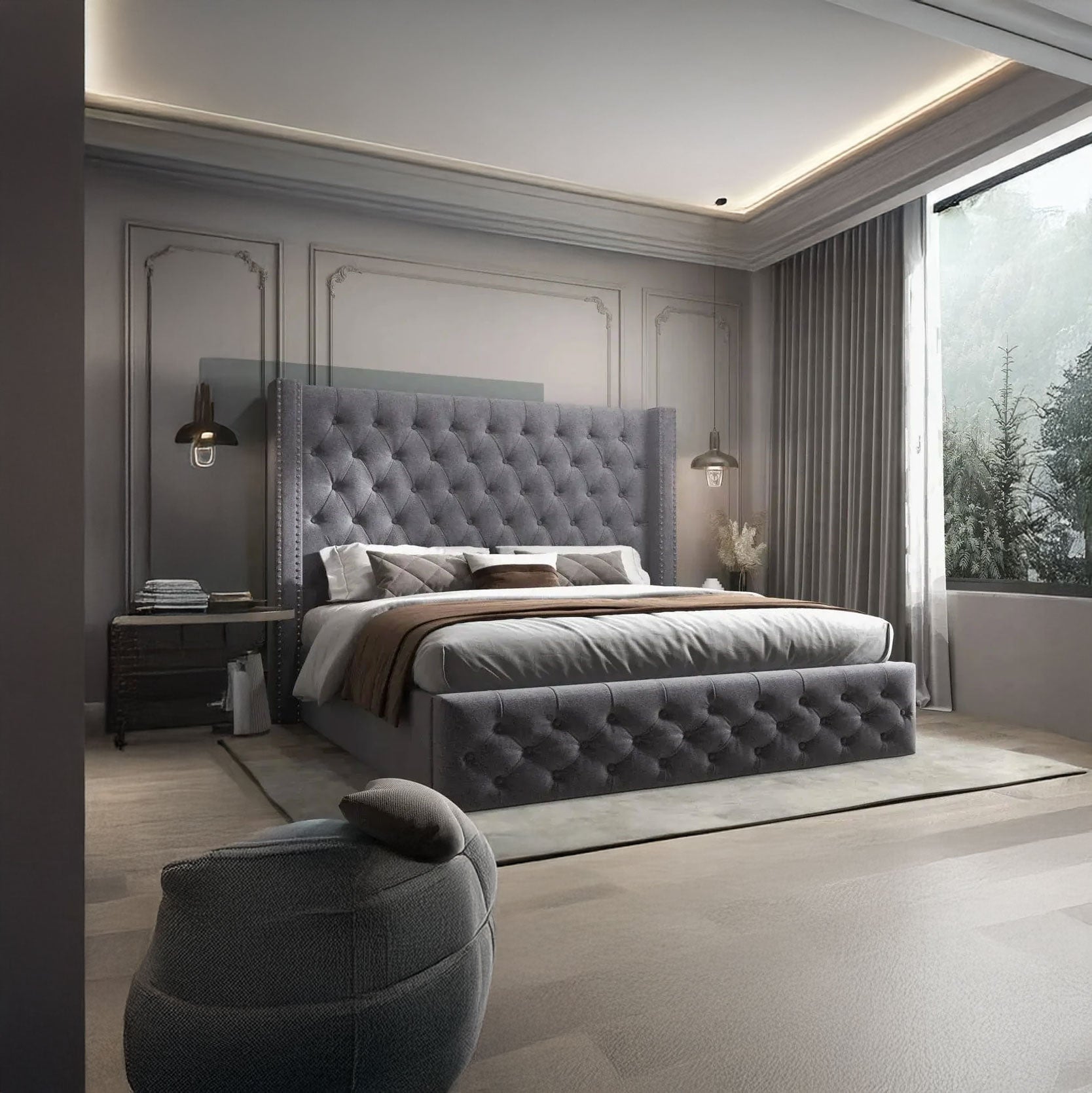 Pat dormitor dumonde, tapitat gri, Luxory 180x200 cm, somiera rabatabila inclusa, spatiu depozitare WLS