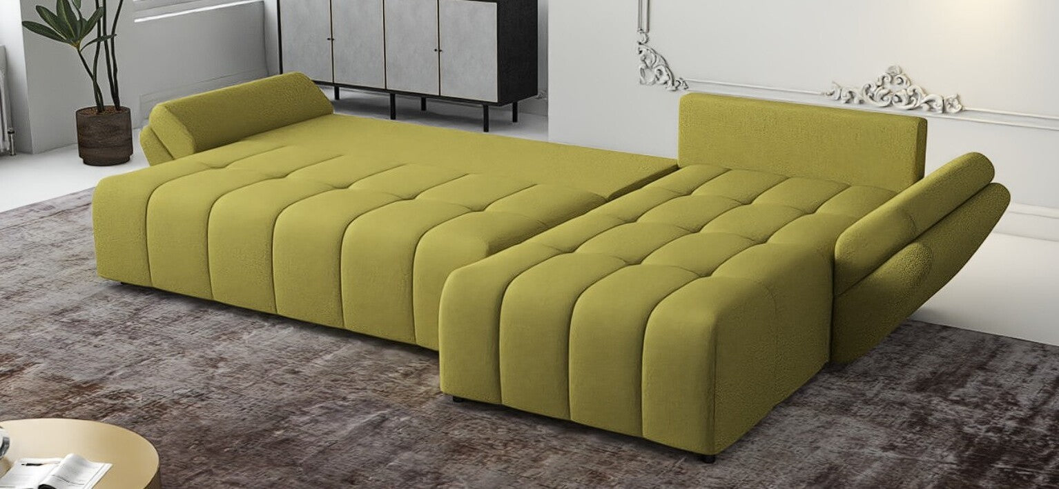 Colțar extensibil dumonde cu ladă de depozitare si sezut confortabil din spuma HR, Berlin XL Enjoy Green 350x185 cm II Fabrica