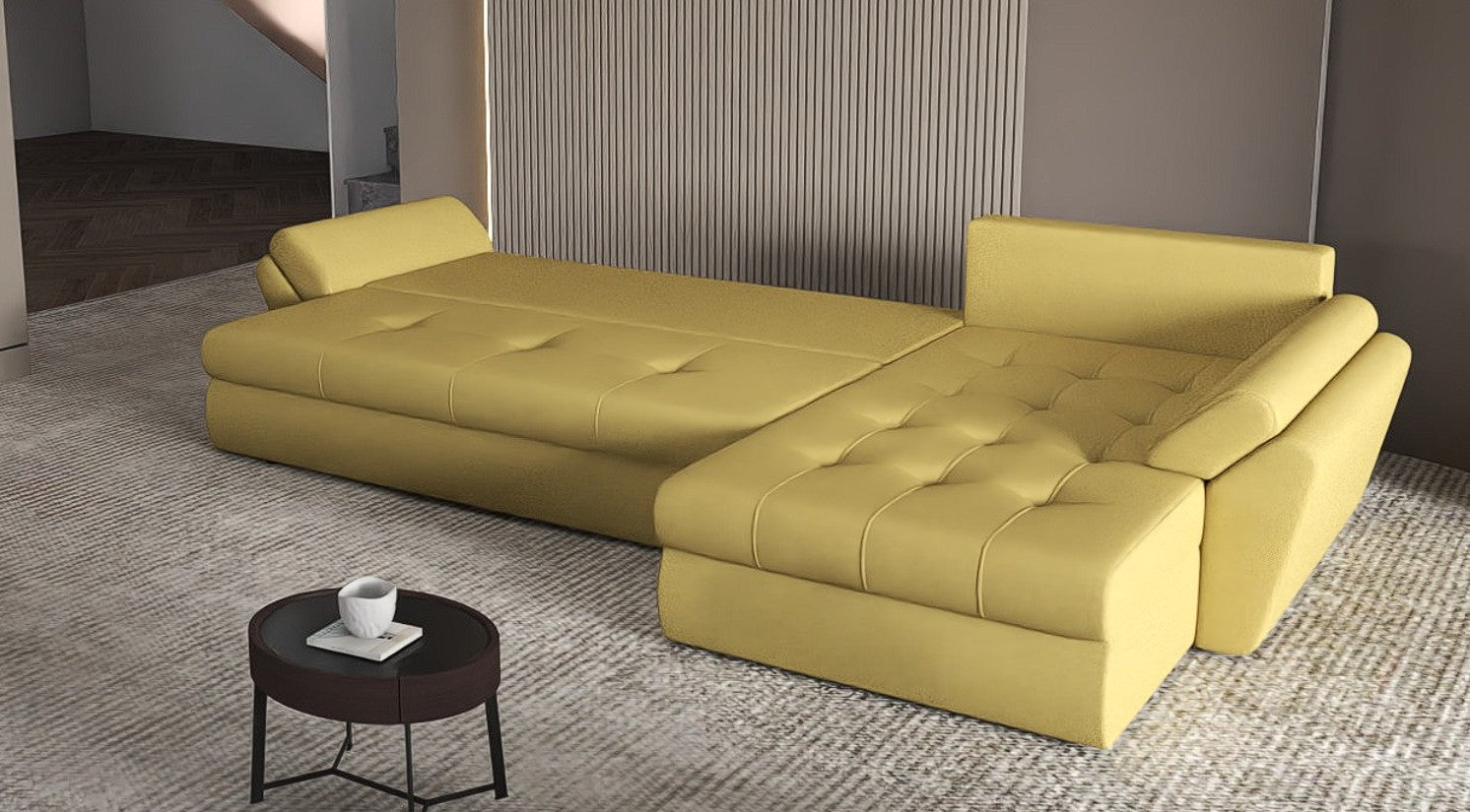 Colțar extensibil dumonde cu ladă de depozitare si sezut confortabil din spuma HR, Loana XL Enjoy Melon 335x185 cm Fabrica