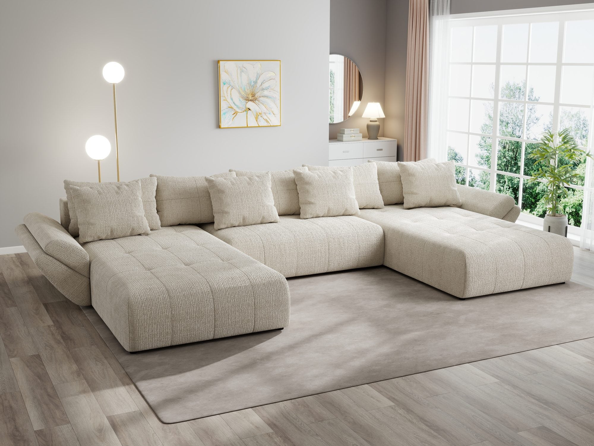 Colțar extensibil dumonde cu ladă de depozitare si sezut confortabil din spuma high-density, Berlin U Cremona Gri Deschis 02 380x180 cm