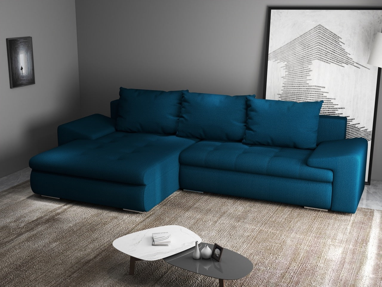 Colțar extensibil dumonde cu ladă de depozitare si sezut confortabil din spuma HR, Leonardo Enjoy Petrol 260x185 cm Fabrica