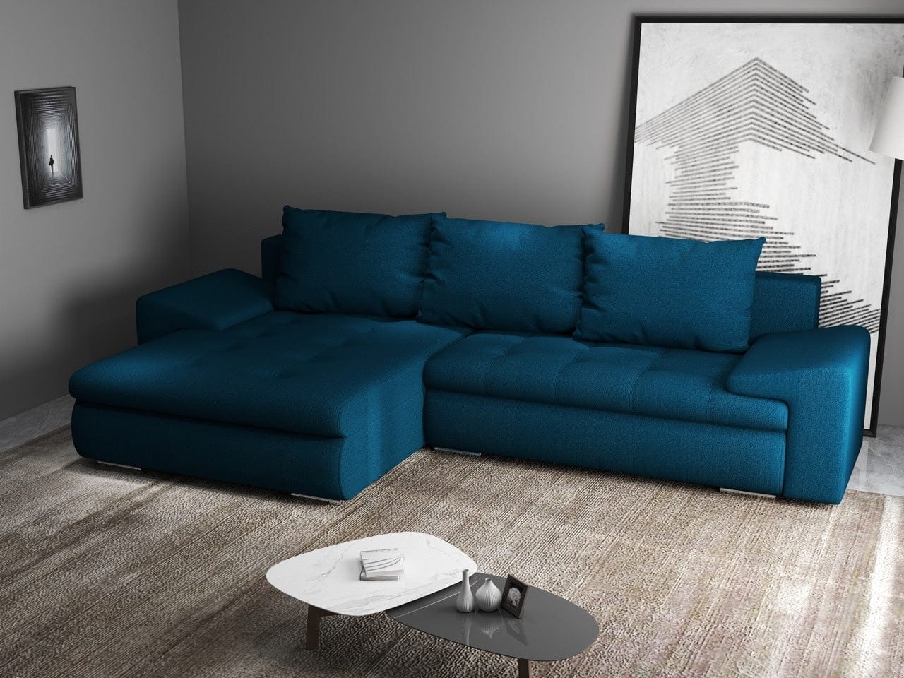 Colțar extensibil dumonde cu ladă de depozitare si sezut confortabil din spuma HR, Leonardo Enjoy Petrol 260x185 cm Fabrica