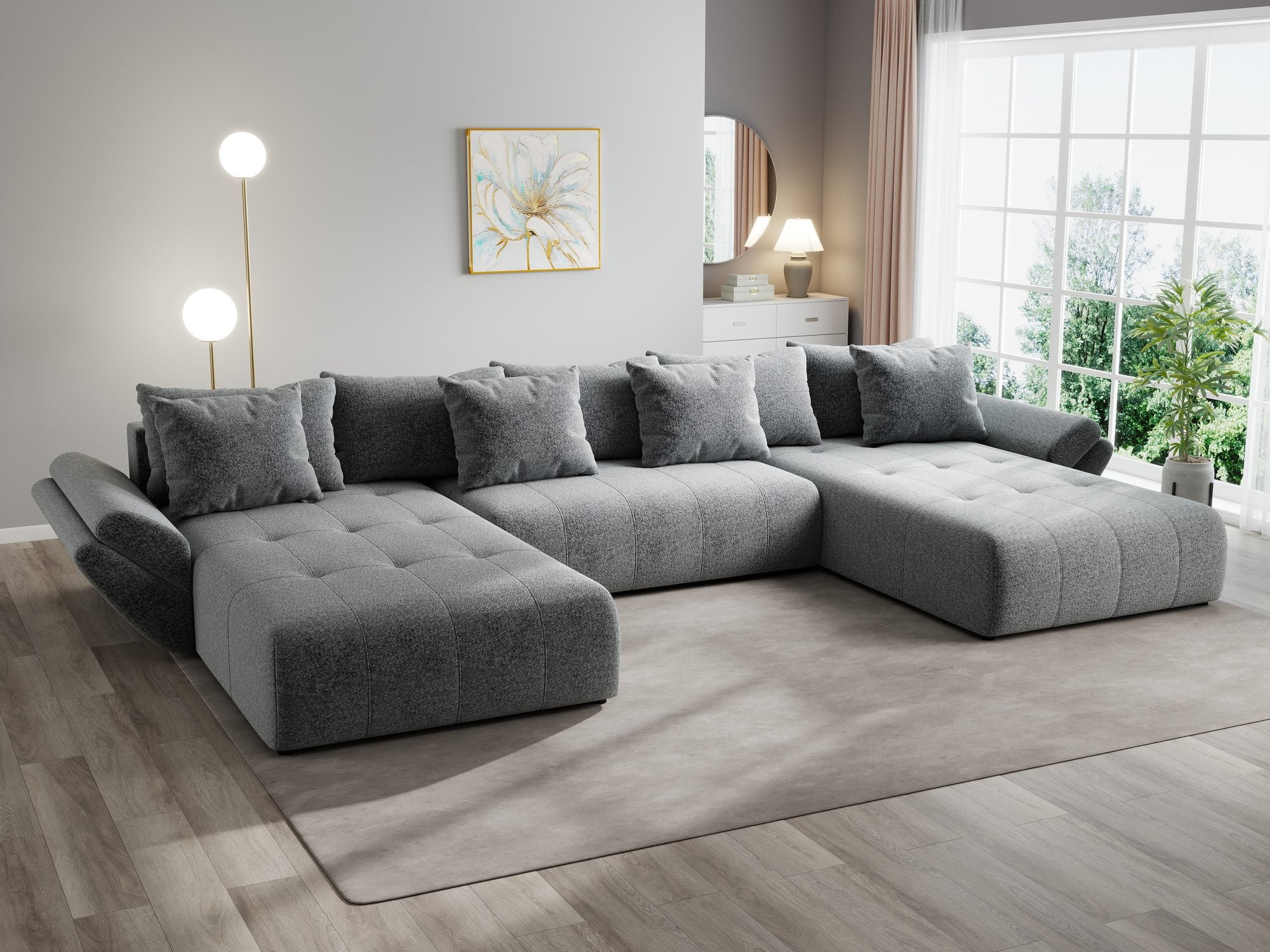 Colțar extensibil dumonde cu ladă de depozitare si sezut confortabil din spuma high-density, Berlin U Monte Gri 90 380x180 cm