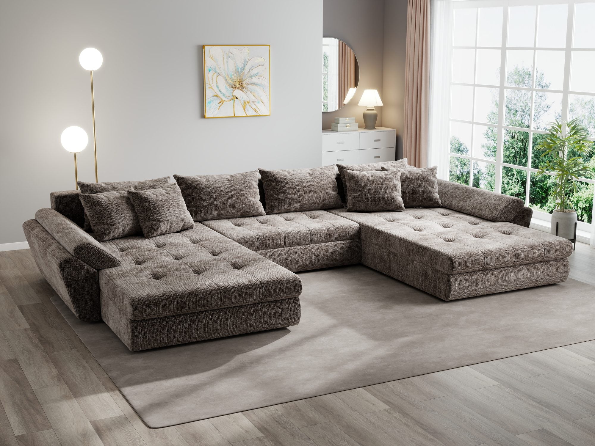 Colțar extensibil dumonde cu ladă de depozitare si sezut confortabil din spuma high-density, Loana U Cremona Maro-bej 24 355x185 cm