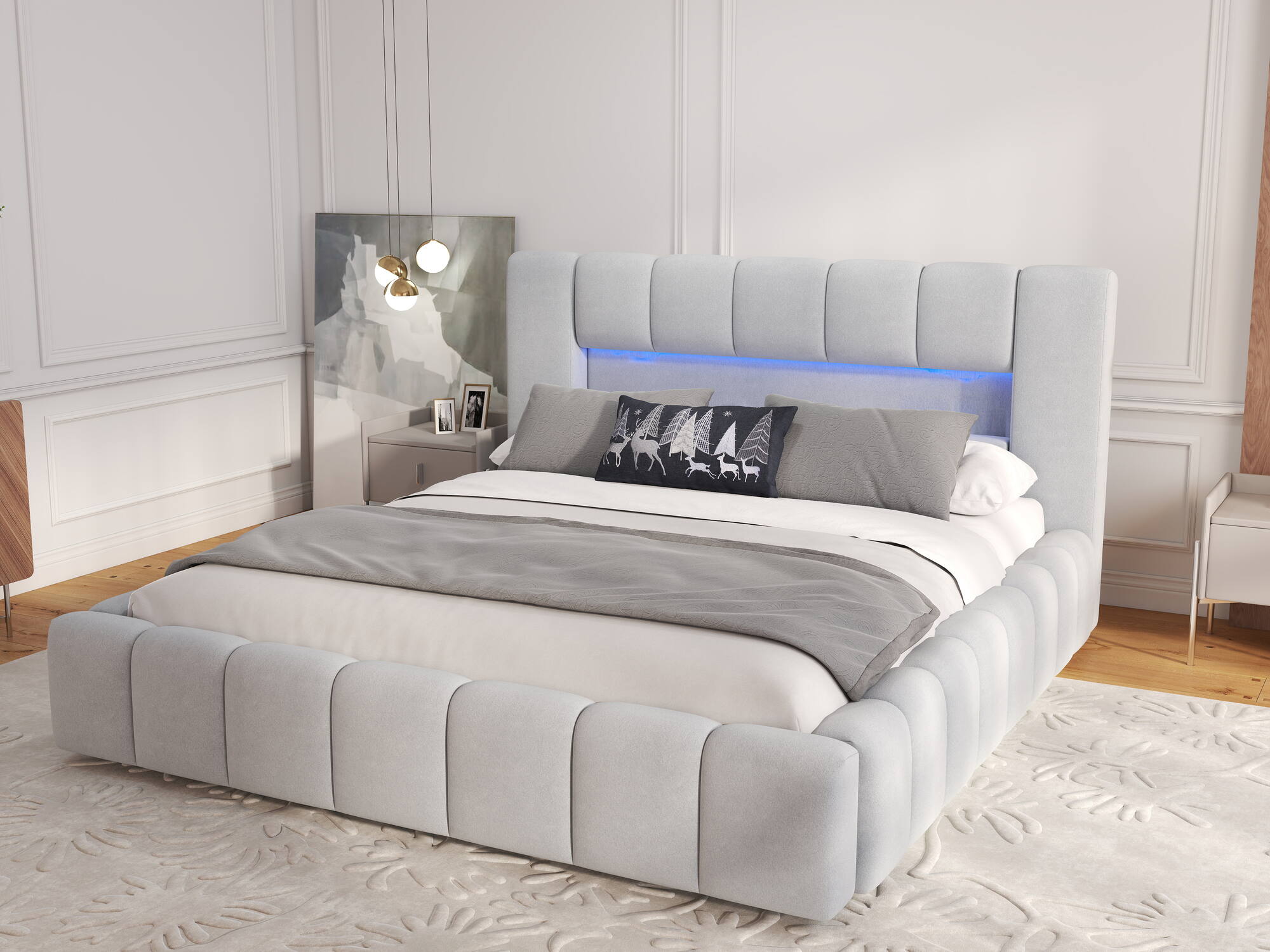 Pat dormitor dumonde, tapitat bej, Palermo 180X200 cm, somiera rabatabila inclusa, spatiu depozitare