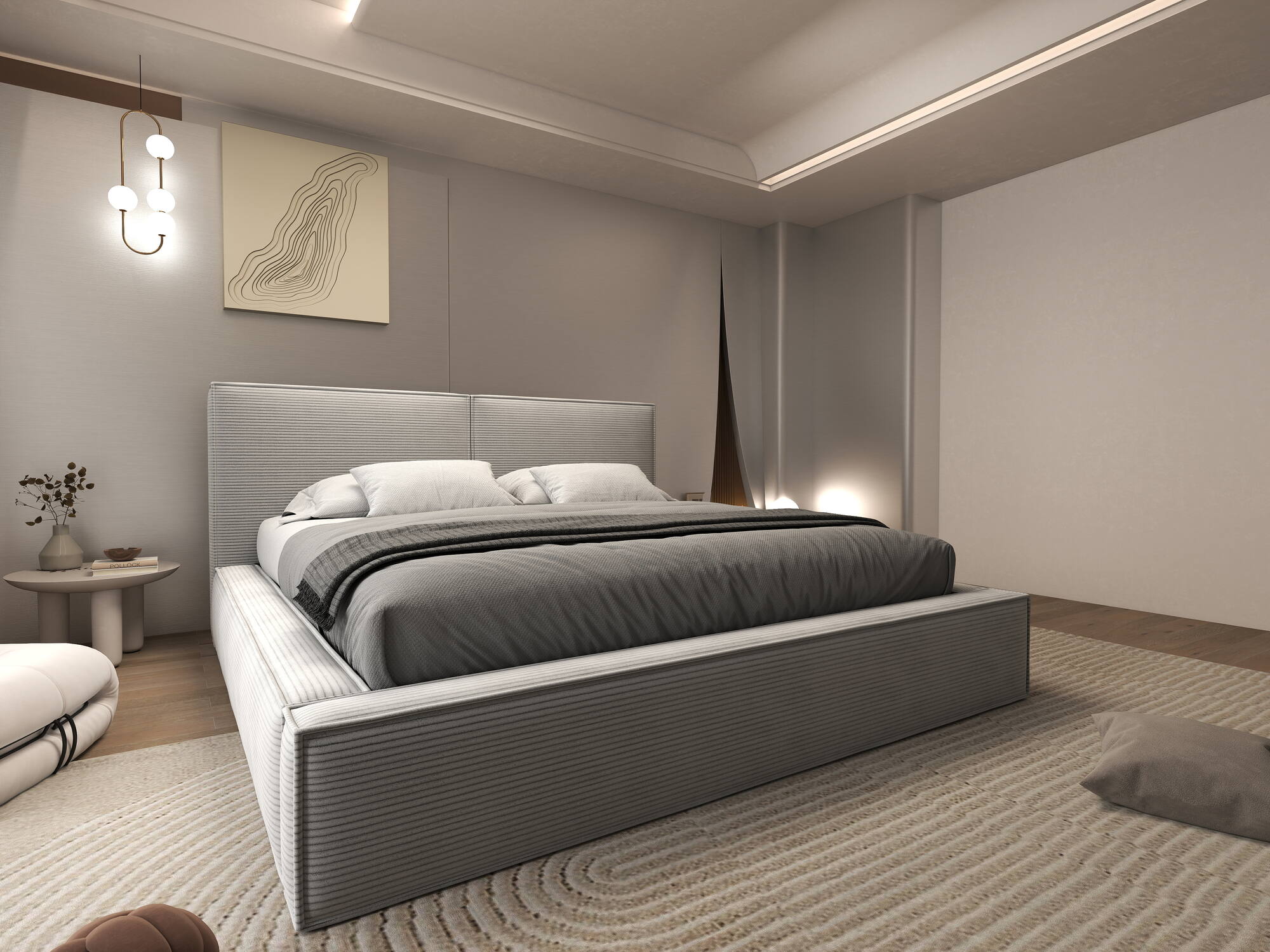 Pat dormitor dumonde, tapitat gri, Bogart 180x200 cm, somiera rabatabila inclusa, spatiu depozitare