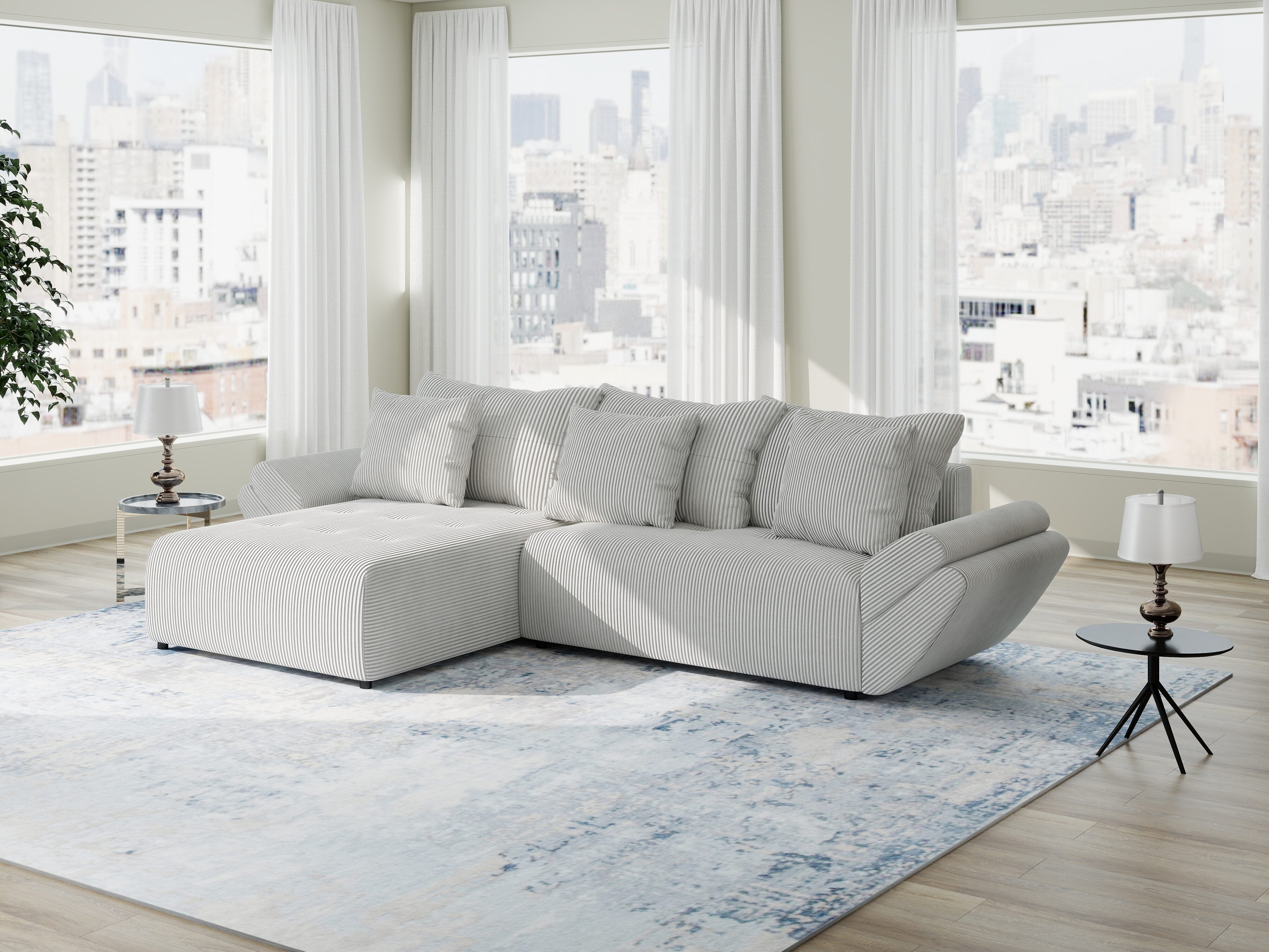 Colțar extensibil dumonde cu ladă de depozitare si sezut confortabil din spuma HR, Berlin Zoom Gri 280x185 cm