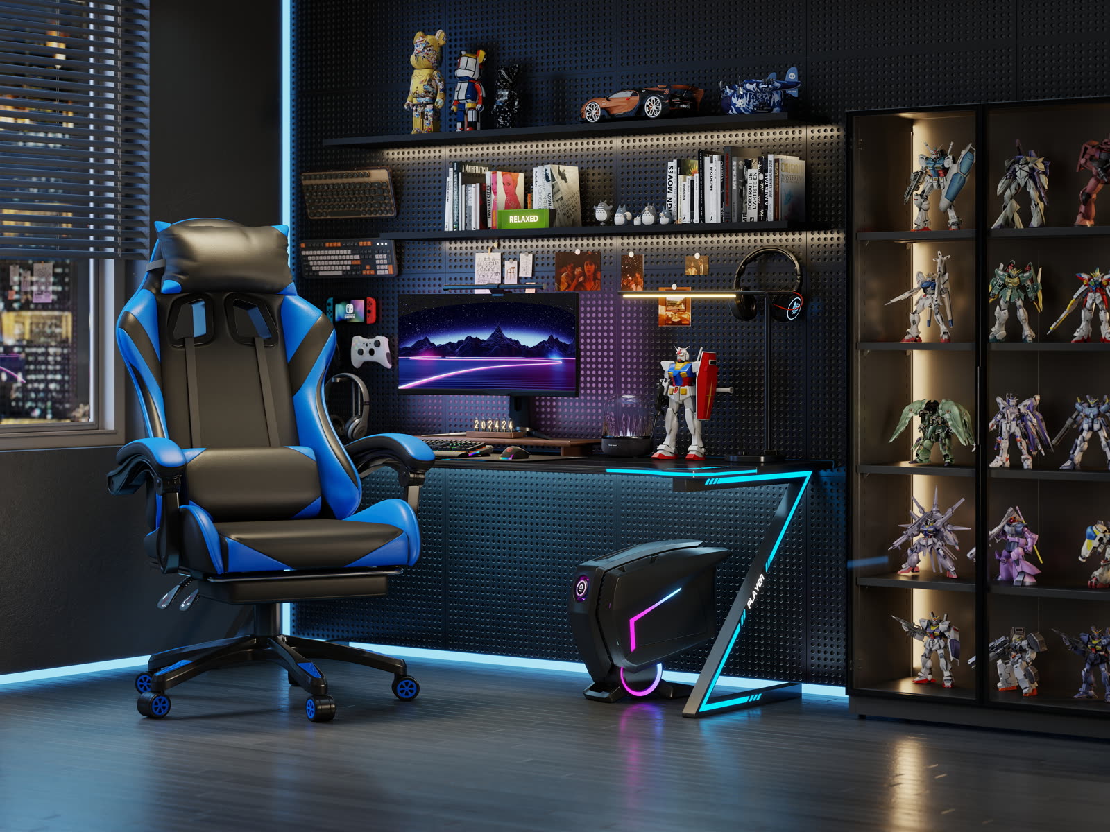 Scaun gaming Dumonde PREDATOR, mecanism multifuncțional, ecopiele, suport picioare, albastru/negru