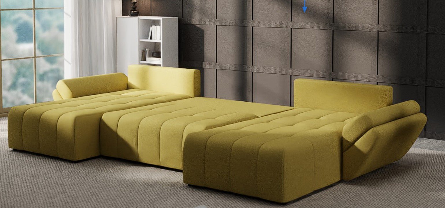 Colțar extensibil dumonde cu ladă de depozitare si sezut confortabil din spuma HR, Berlin U Enjoy Melon 380x180 cm Fabrica