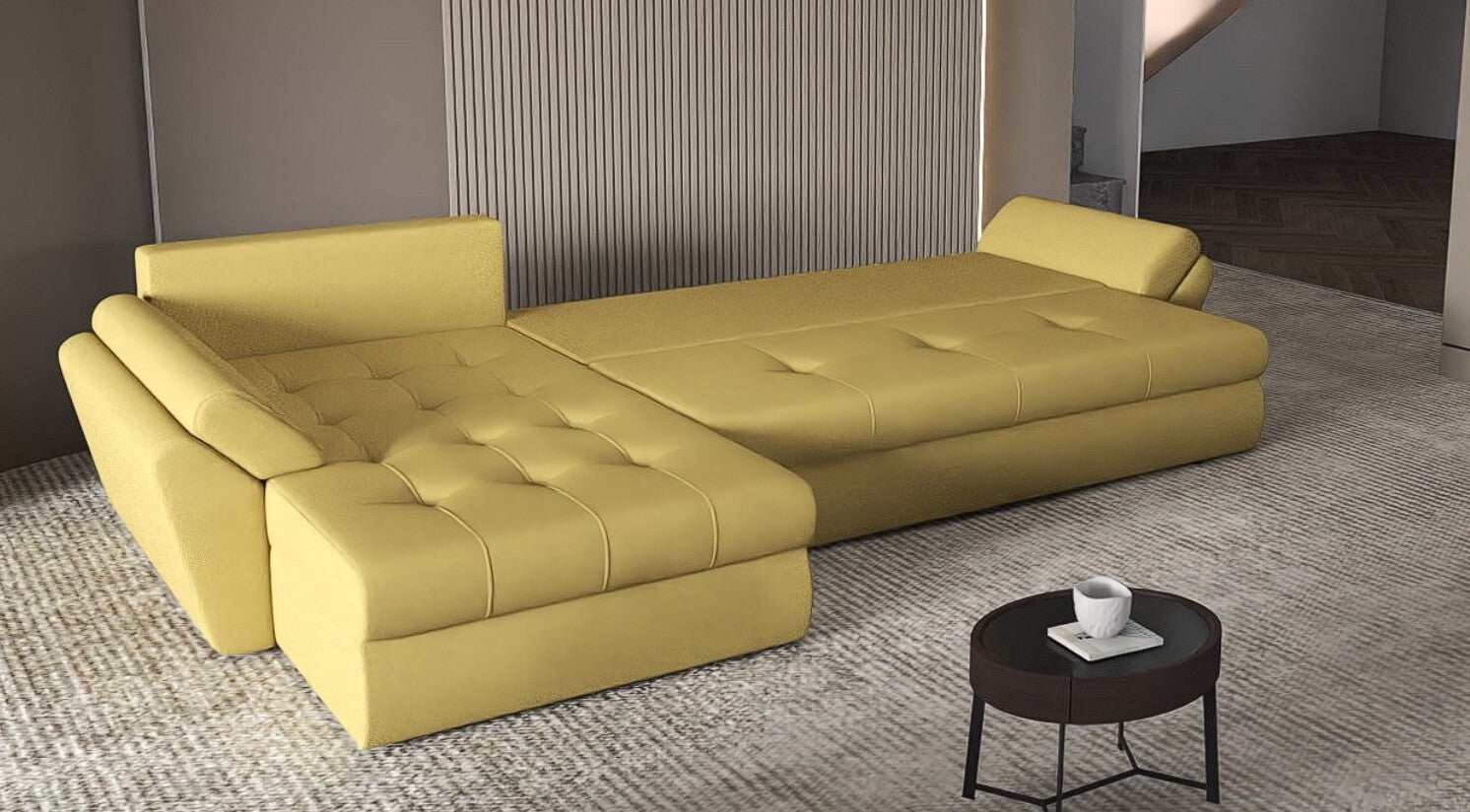 Colțar extensibil dumonde cu ladă de depozitare si sezut confortabil din spuma HR, Loana XL Enjoy Melon II 335x185 cm Fabrica