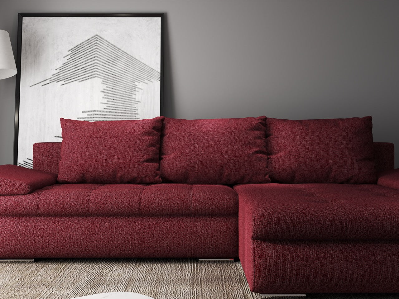 Colțar extensibil dumonde cu ladă de depozitare si sezut confortabil din spuma HR, Leonardo Enjoy Rosu 260x185 cm II Fabrica