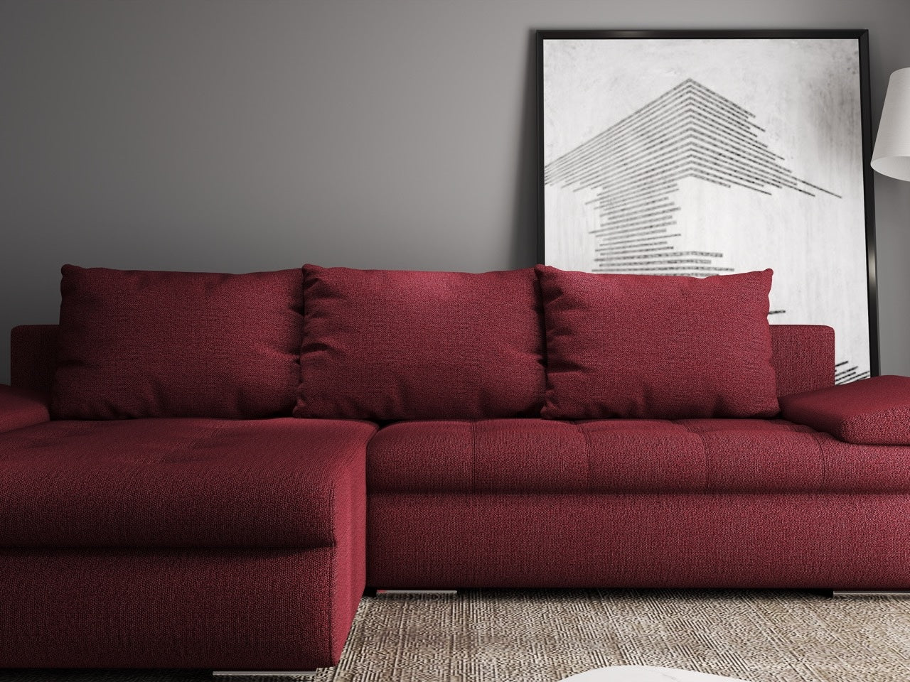 Colțar extensibil dumonde cu ladă de depozitare si sezut confortabil din spuma HR, Leonardo Enjoy Rosu 260x185 cm Fabrica