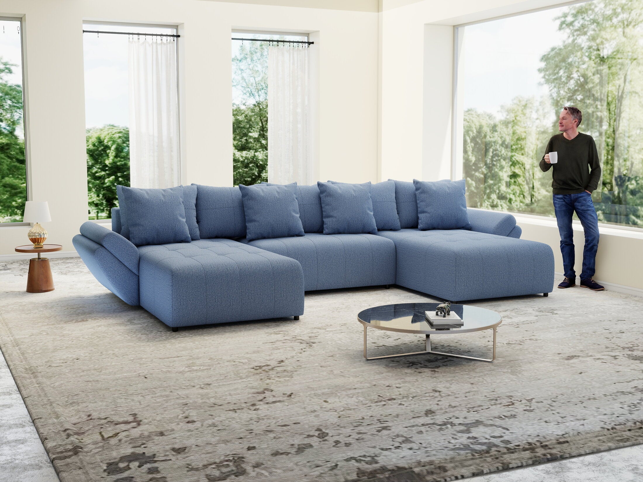 Colțar extensibil dumonde cu ladă de depozitare Berlin U Enjoy Blue 400x185 cm