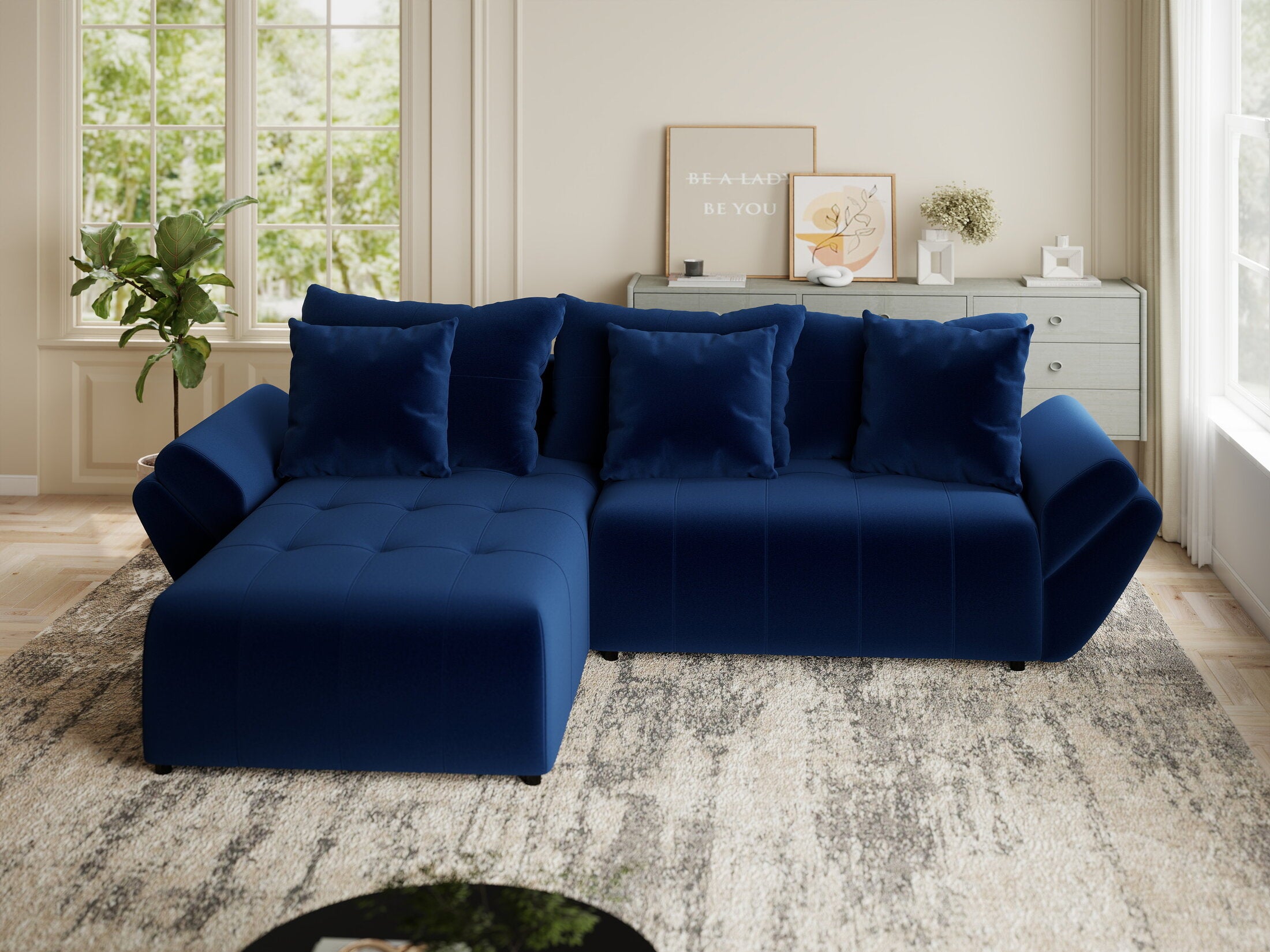 Colțar extensibil dumonde cu ladă de depozitare si sezut confortabil din spuma HR, Berlin Royal Albastru Navy 280x185 cm