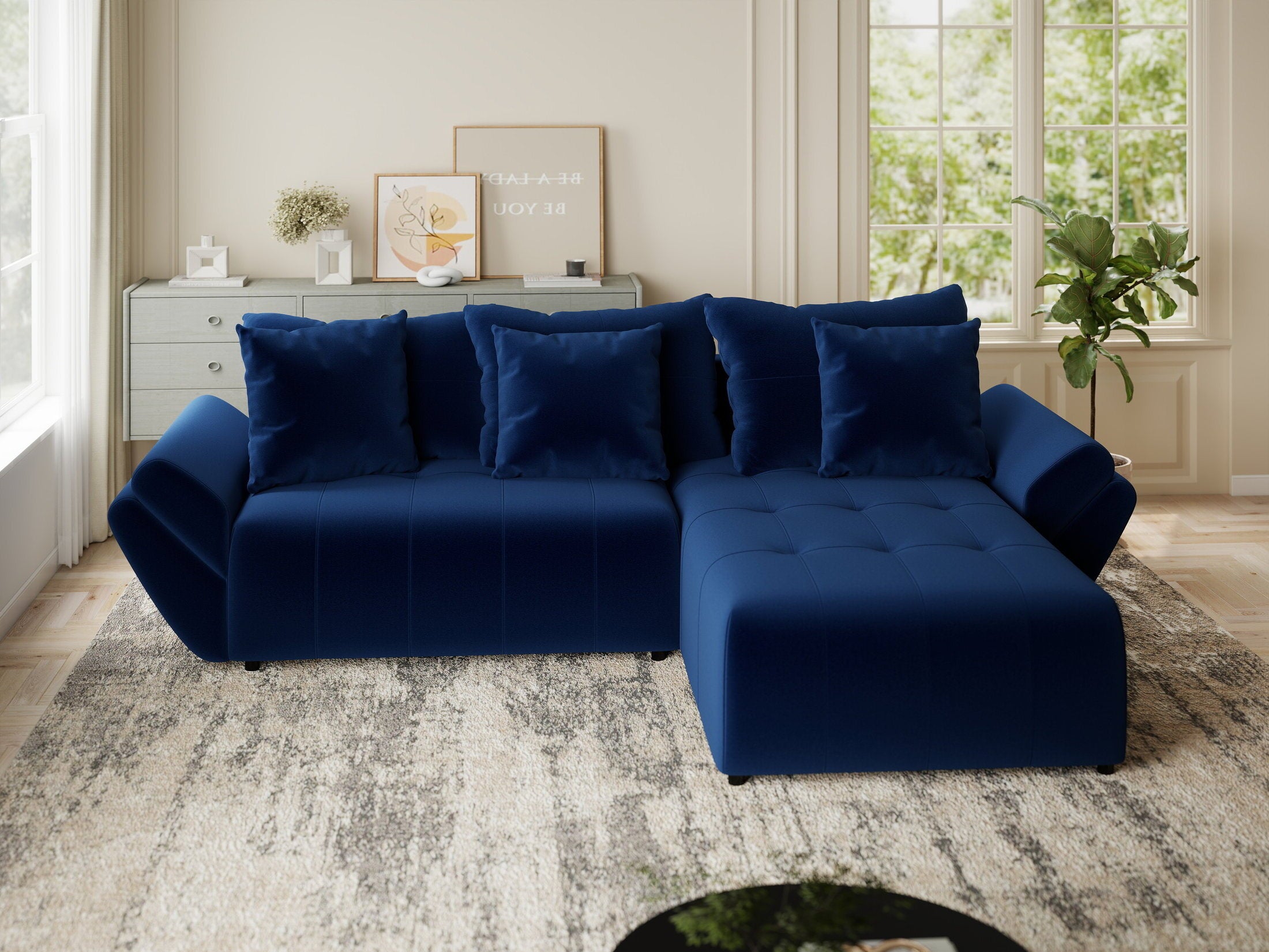 Colțar extensibil dumonde cu ladă de depozitare si sezut confortabil din spuma HR, Berlin Royal Albastru Navy 280x185 cm II