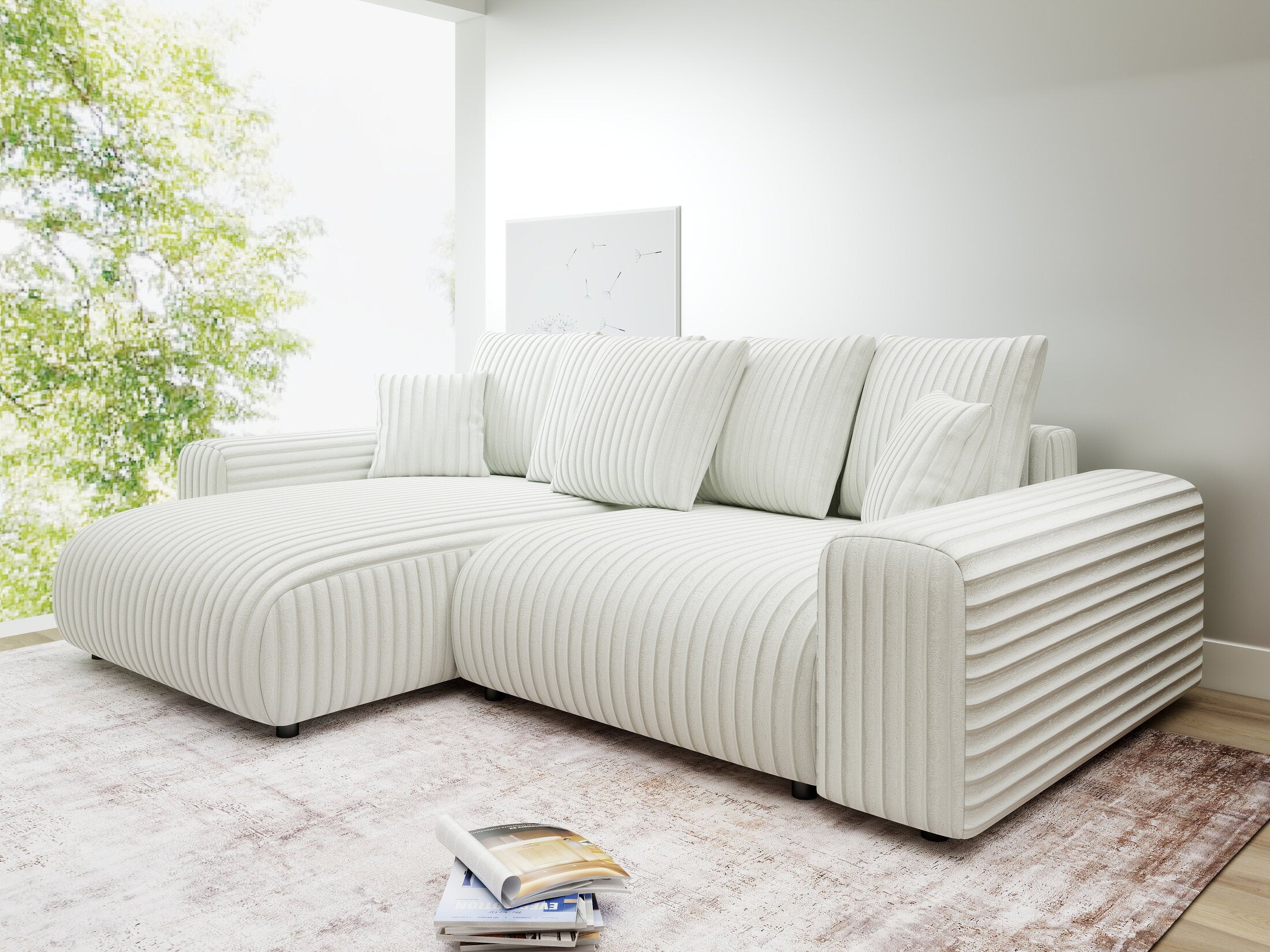 Colțar extensibil dumonde cu ladă de depozitare și șezut confortabil din spumă HR, Luma Ambience Alb 255x168 cm