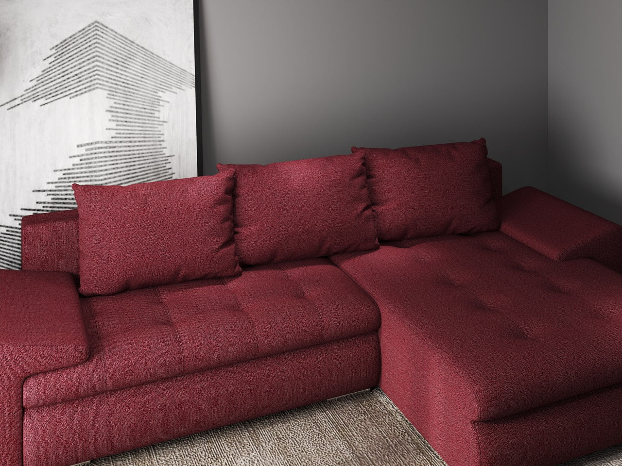 Colțar extensibil dumonde cu ladă de depozitare si sezut confortabil din spuma HR, Leonardo Enjoy Rosu 260x185 cm II Fabrica