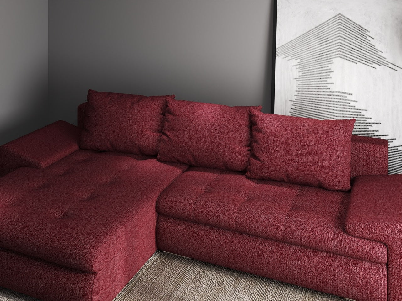 Colțar extensibil dumonde cu ladă de depozitare si sezut confortabil din spuma HR, Leonardo Enjoy Rosu 260x185 cm Fabrica