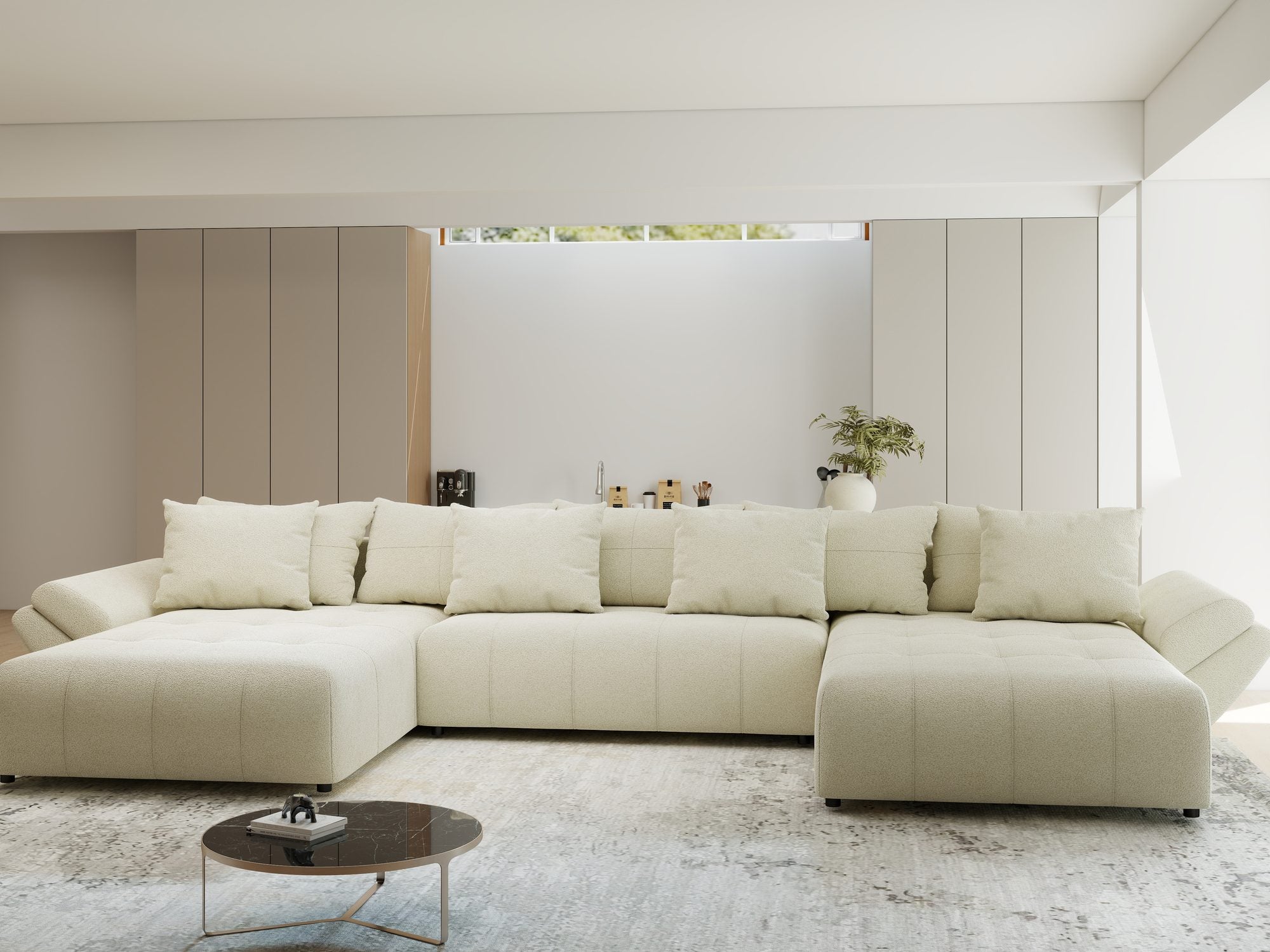 Colțar extensibil dumonde cu ladă de depozitare si sezut confortabil din spuma high-density, Berlin U Quelle Bej 02 380x180 cm