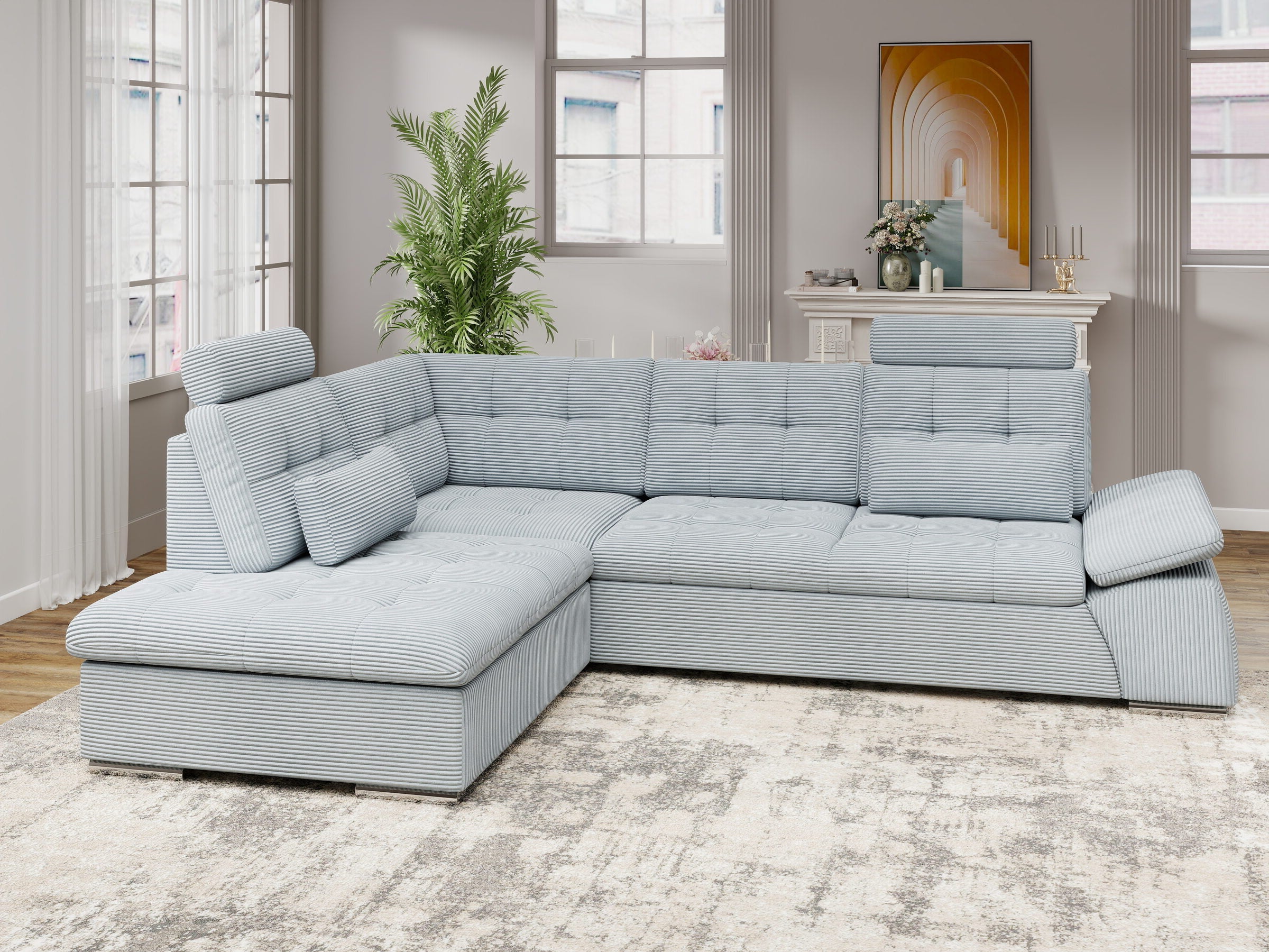 Colțar extensibil dumonde cu ladă de depozitare și șezut confortabil din spumă HR, Merkur XL Zoom Gri Mint 256x217 cm