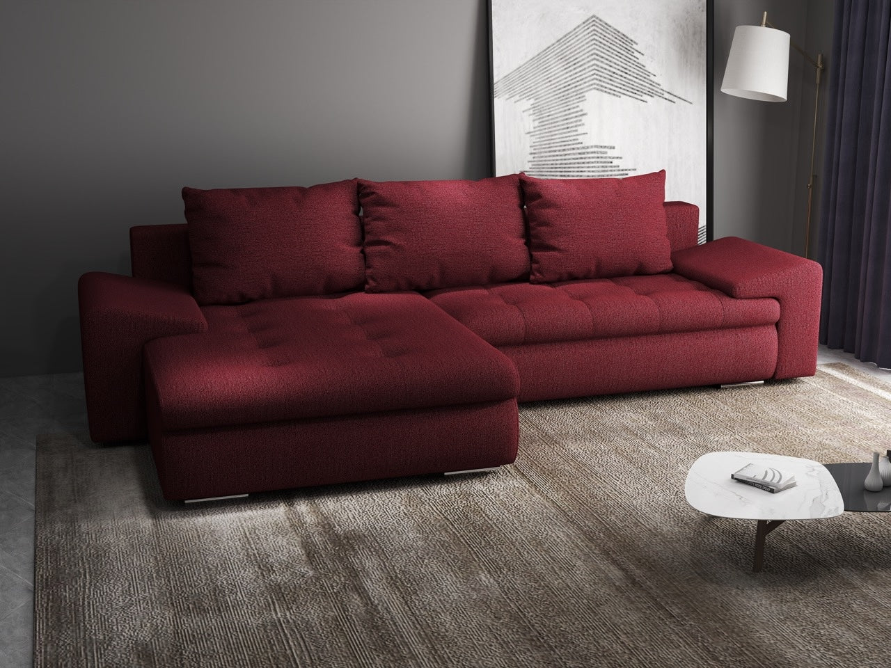 Colțar extensibil dumonde cu ladă de depozitare si sezut confortabil din spuma HR, Leonardo Enjoy Rosu 260x185 cm Fabrica