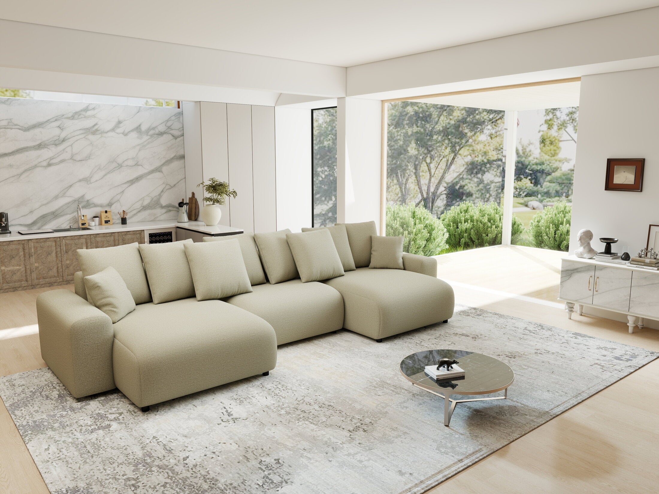 Colțar extensibil dumonde cu ladă de depozitare si sezut confortabil din spuma HR, Luma U Enjoy Bej 336x140 cm