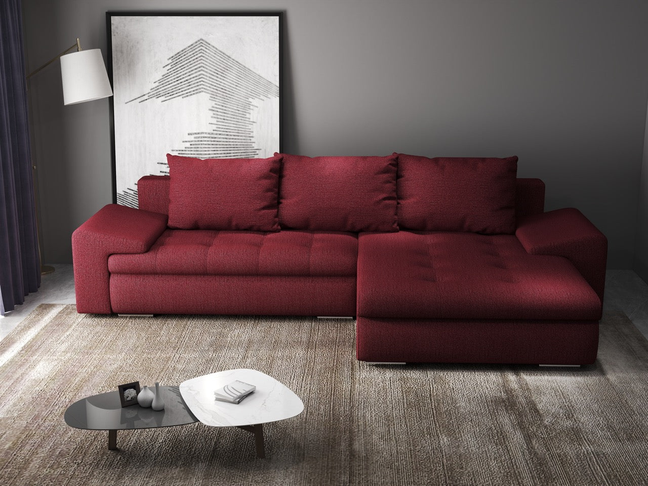 Colțar extensibil dumonde cu ladă de depozitare si sezut confortabil din spuma HR, Leonardo Enjoy Rosu 260x185 cm II Fabrica