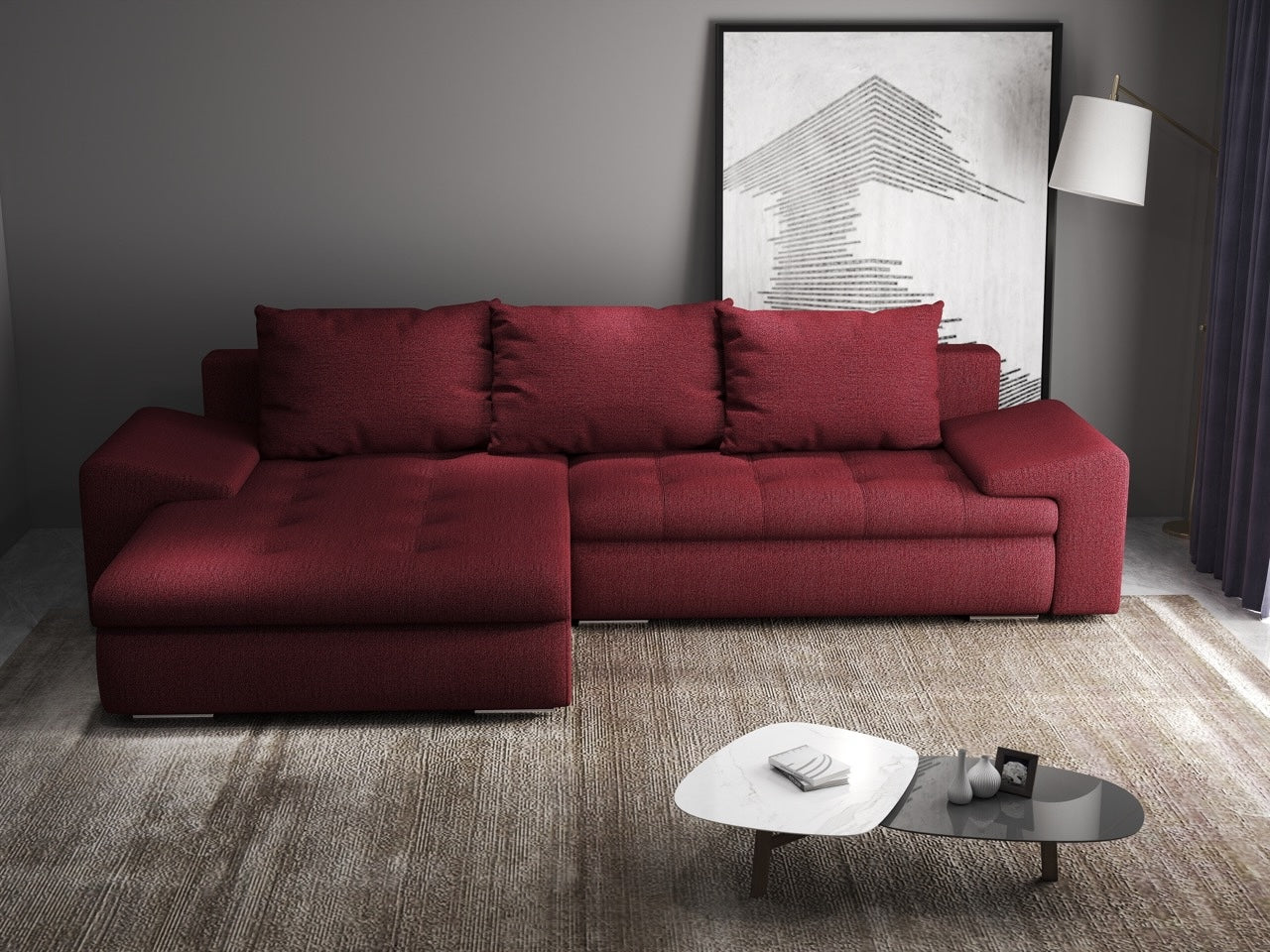 Colțar extensibil dumonde cu ladă de depozitare si sezut confortabil din spuma HR, Leonardo Enjoy Rosu 260x185 cm Fabrica