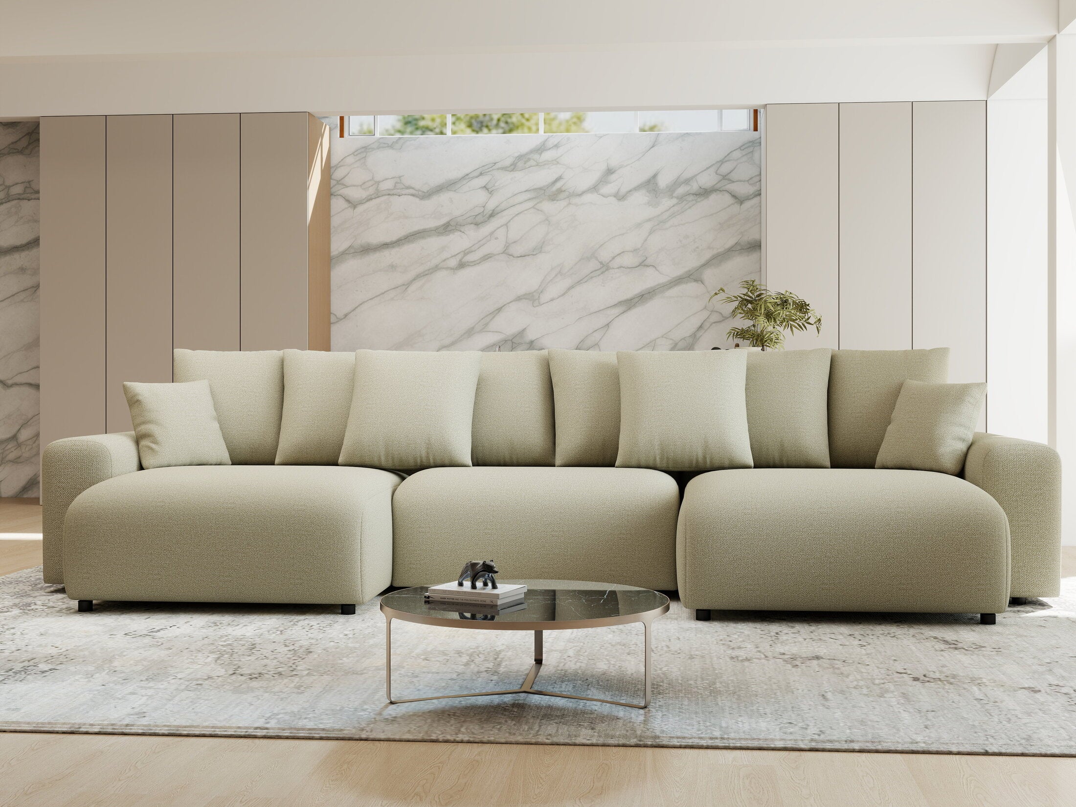 Colțar extensibil dumonde cu ladă de depozitare si sezut confortabil din spuma HR, Luma U Enjoy Bej 336x140 cm