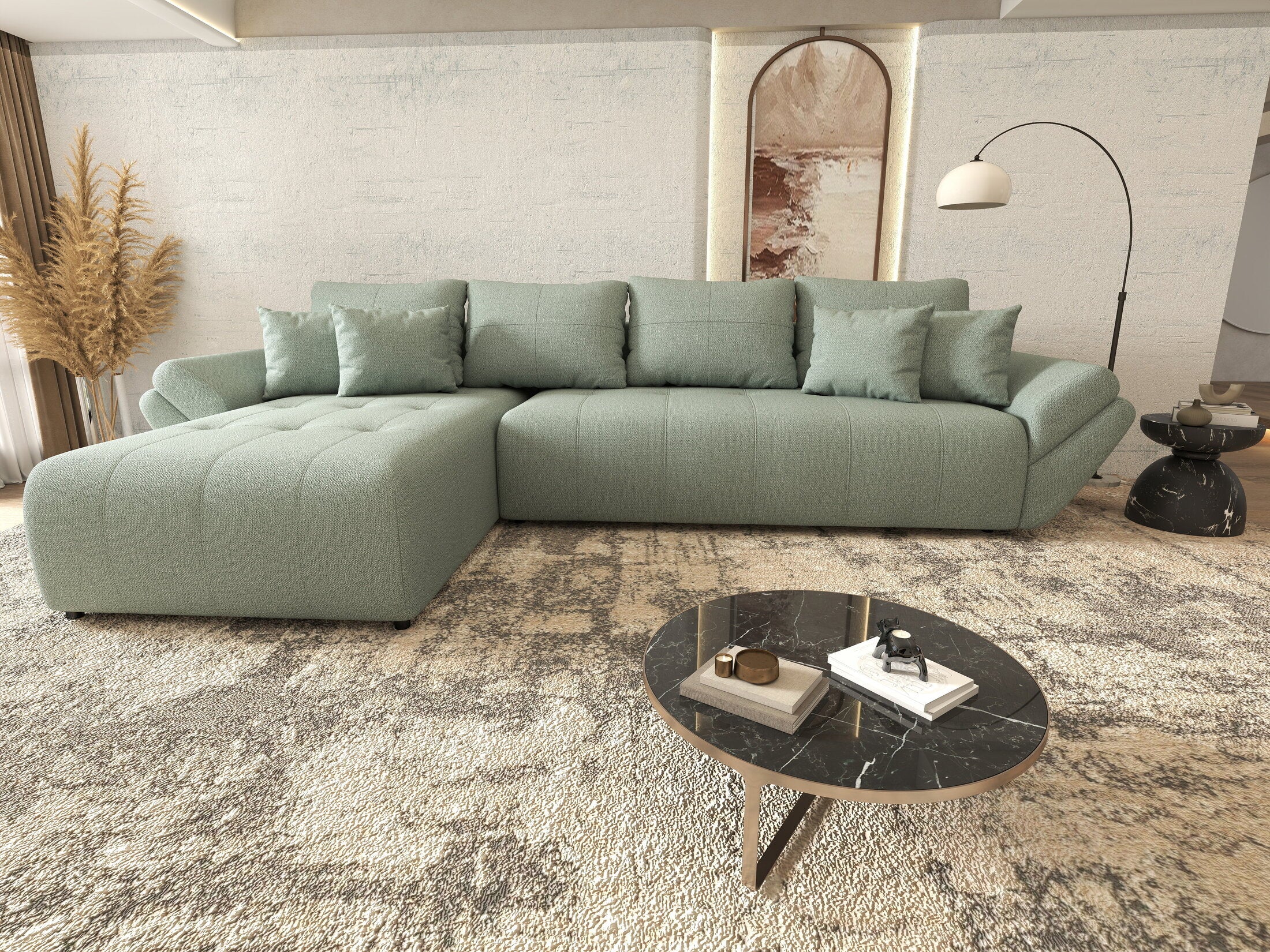 Colțar extensibil dumonde cu ladă de depozitare si sezut confortabil din spuma HR, Berlin XL Enjoy Mint 350x185 cm