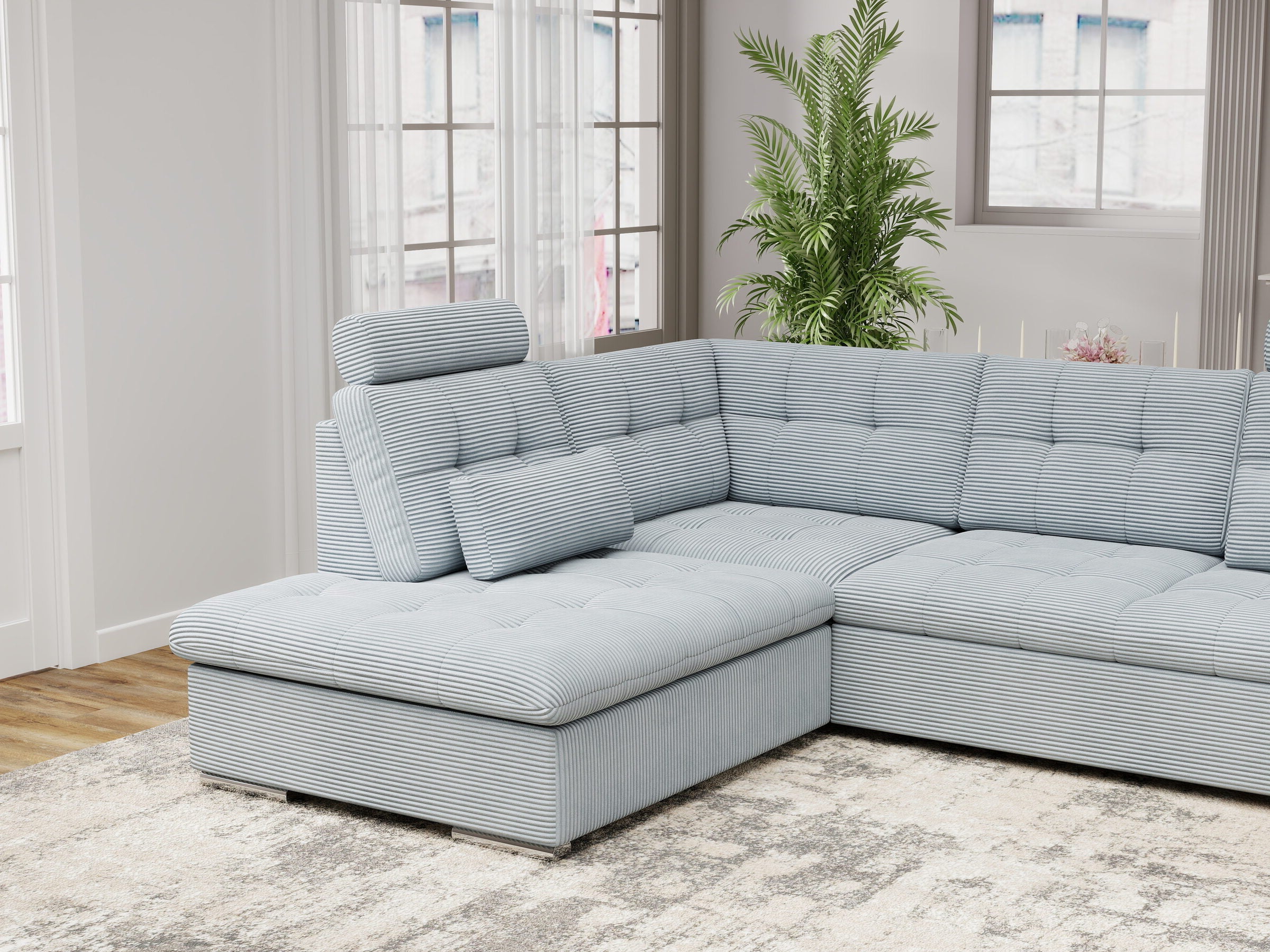 Colțar extensibil dumonde cu ladă de depozitare și șezut confortabil din spumă HR, Merkur XL Zoom Gri Mint 256x217 cm