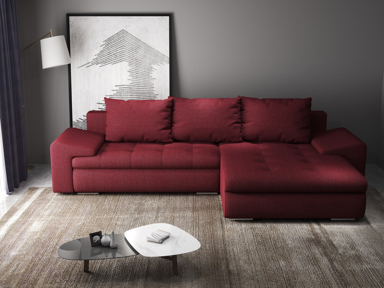 Colțar extensibil dumonde cu ladă de depozitare si sezut confortabil din spuma HR, Leonardo Enjoy Rosu 260x185 cm II Fabrica