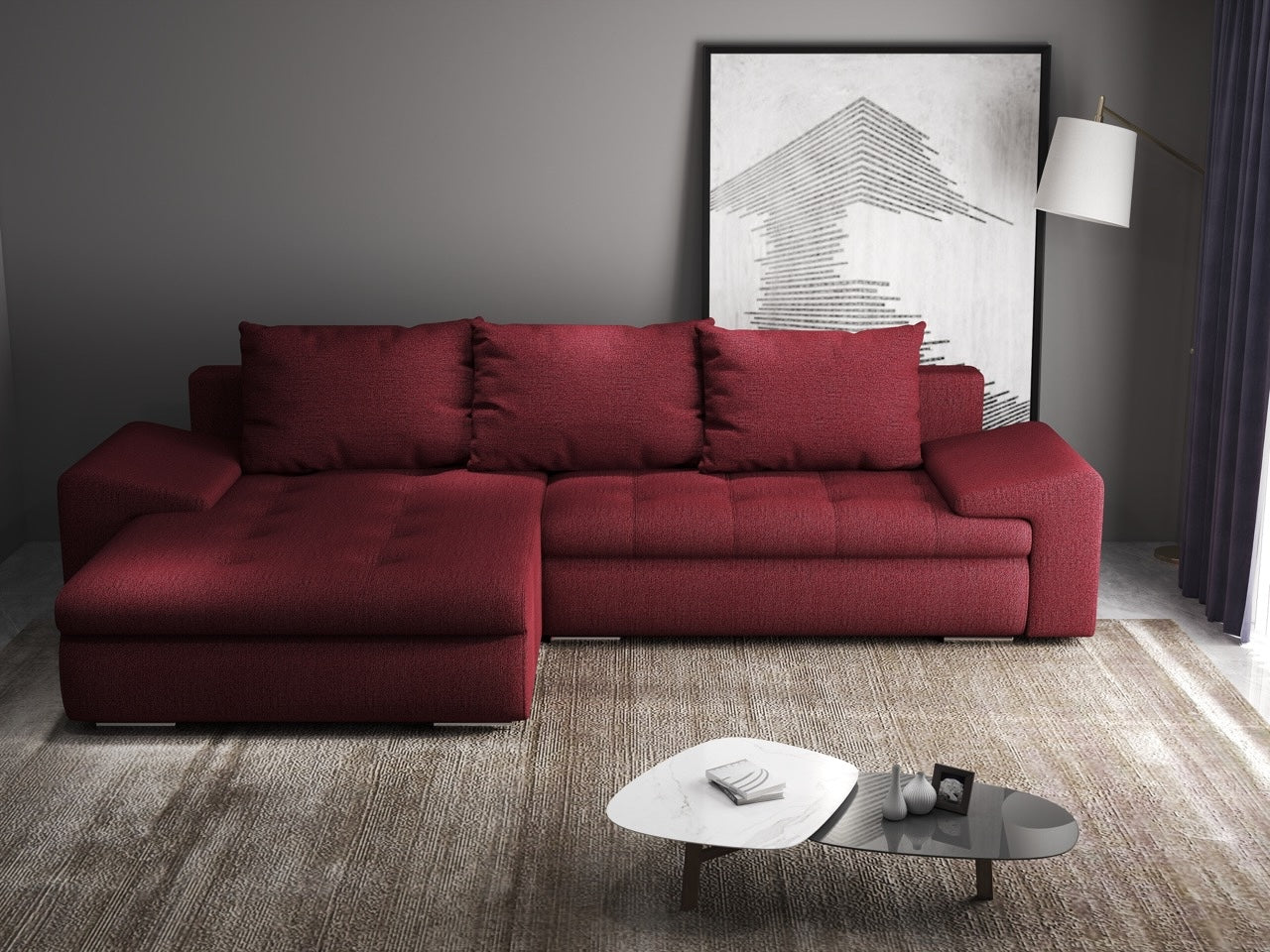 Colțar extensibil dumonde cu ladă de depozitare si sezut confortabil din spuma HR, Leonardo Enjoy Rosu 260x185 cm Fabrica