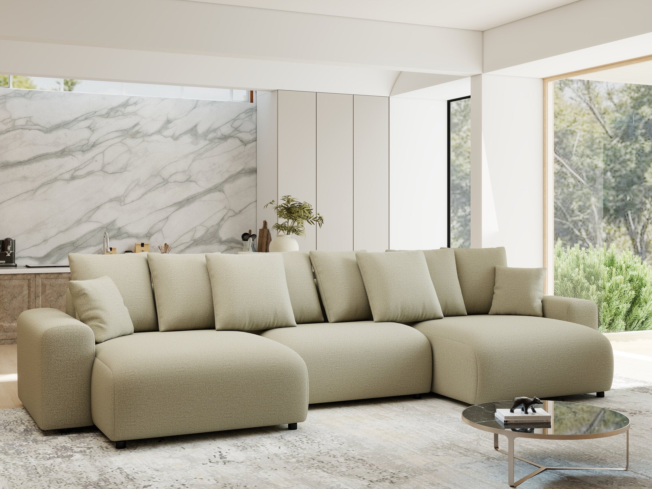 Colțar extensibil dumonde cu ladă de depozitare si sezut confortabil din spuma HR, Luma U Enjoy Bej 336x140 cm