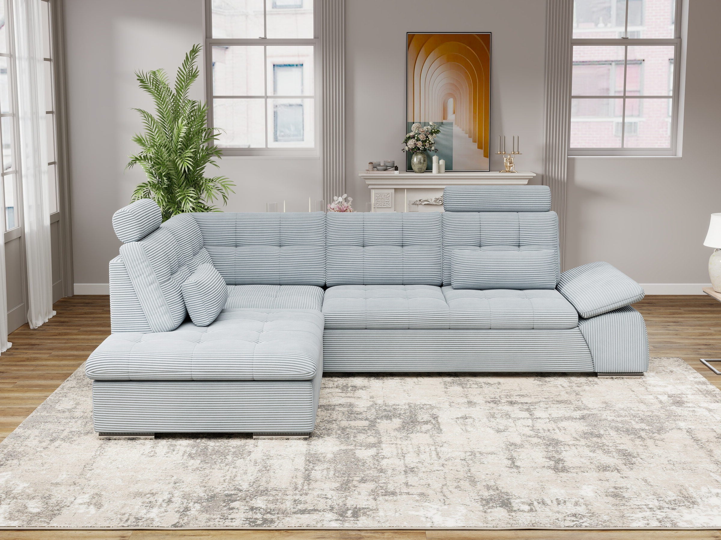 Colțar extensibil dumonde cu ladă de depozitare și șezut confortabil din spumă HR, Merkur XL Zoom Gri Mint 256x217 cm