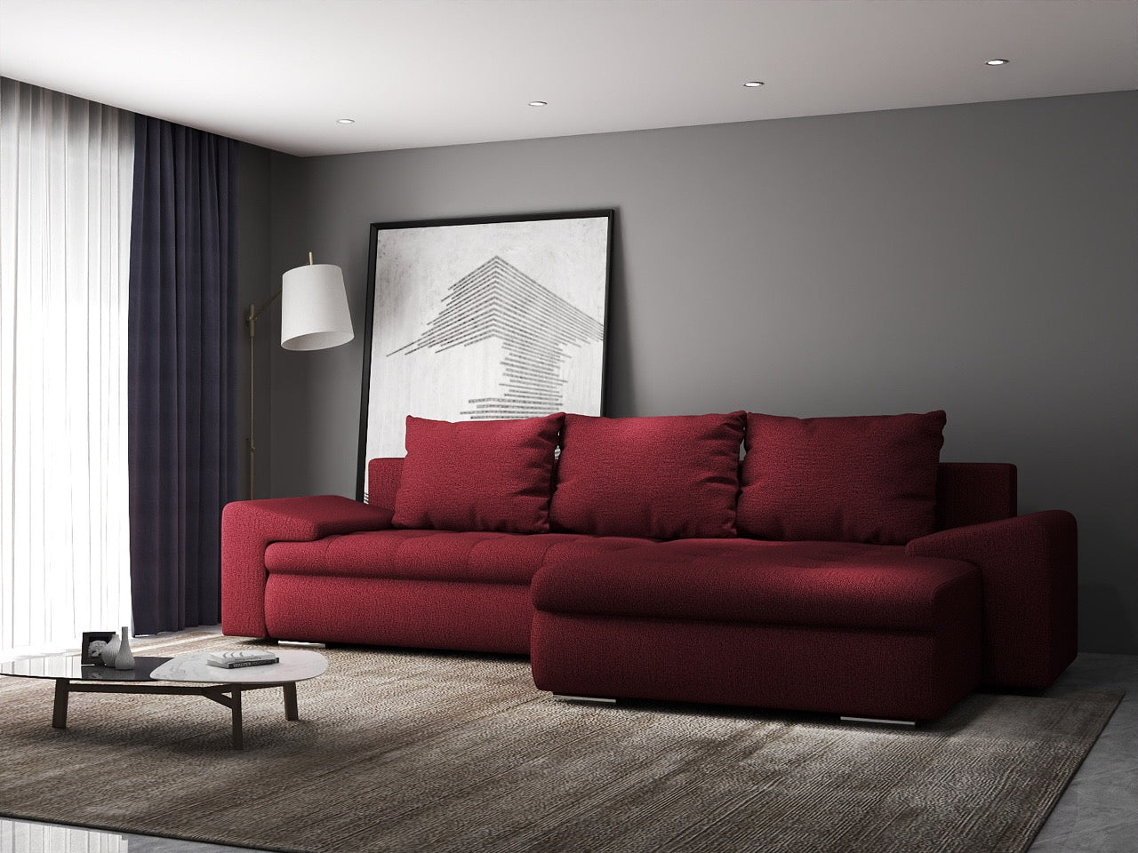 Colțar extensibil dumonde cu ladă de depozitare si sezut confortabil din spuma HR, Leonardo Enjoy Rosu 260x185 cm II Fabrica