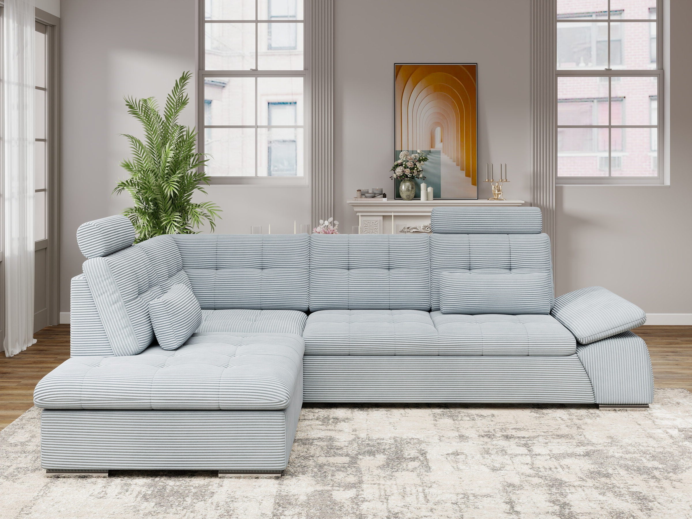 Colțar extensibil dumonde cu ladă de depozitare și șezut confortabil din spumă HR, Merkur XL Zoom Gri Mint 256x217 cm