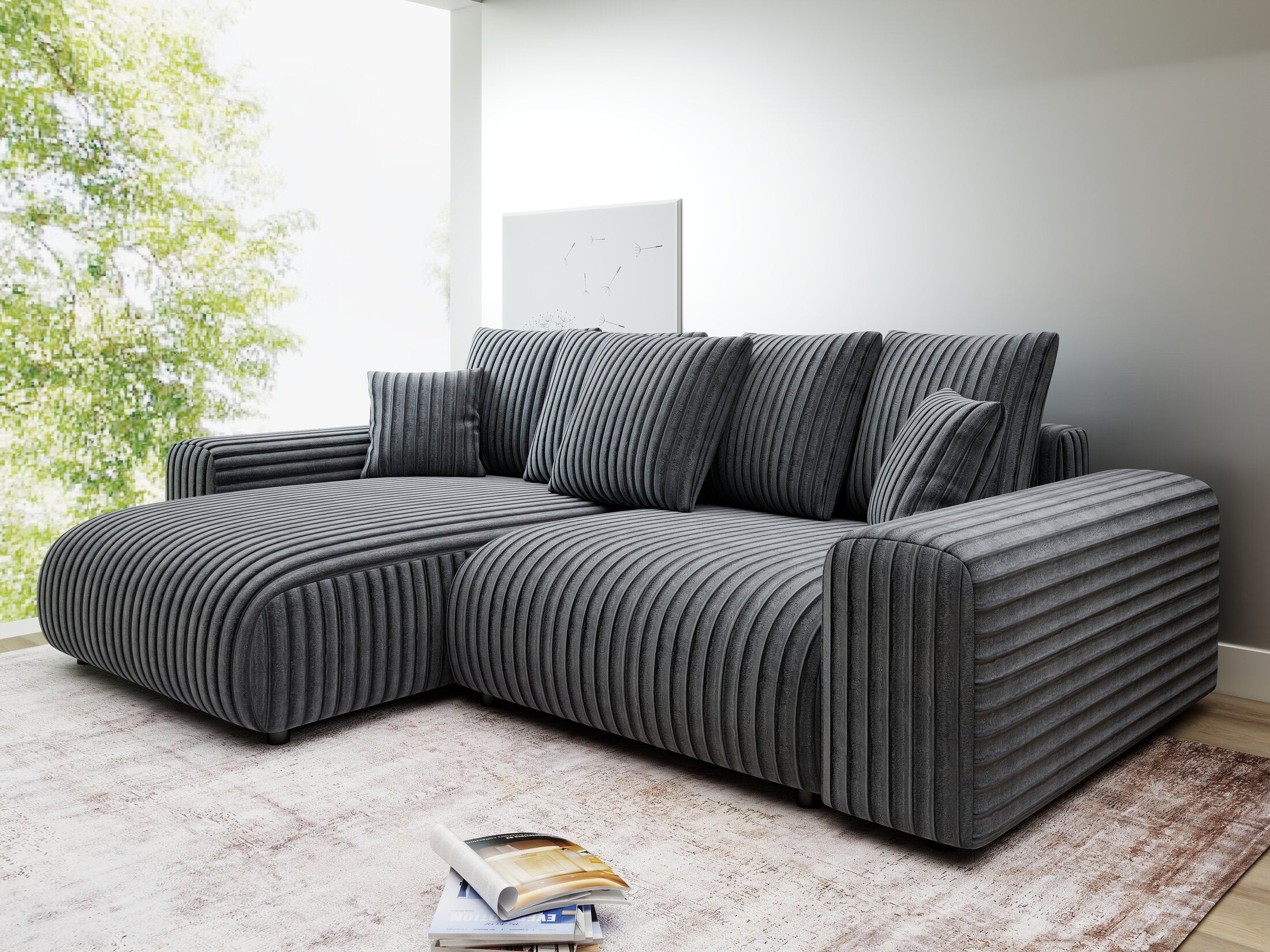 Colțar extensibil dumonde cu ladă de depozitare și șezut confortabil din spumă HR, Luma Ambience Gri 255x168 cm