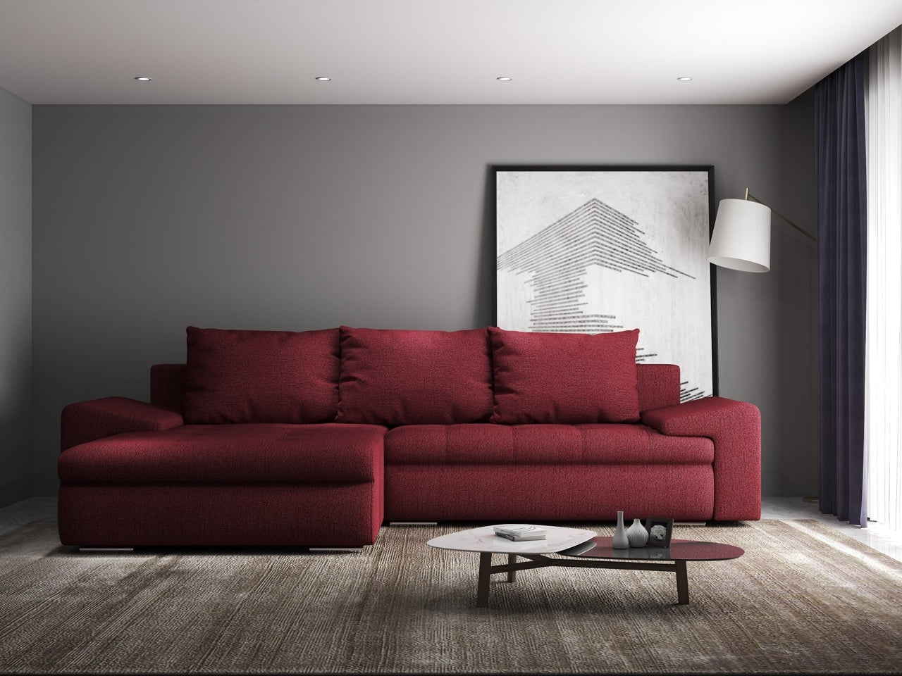 Colțar extensibil dumonde cu ladă de depozitare si sezut confortabil din spuma HR, Leonardo Enjoy Rosu 260x185 cm Fabrica