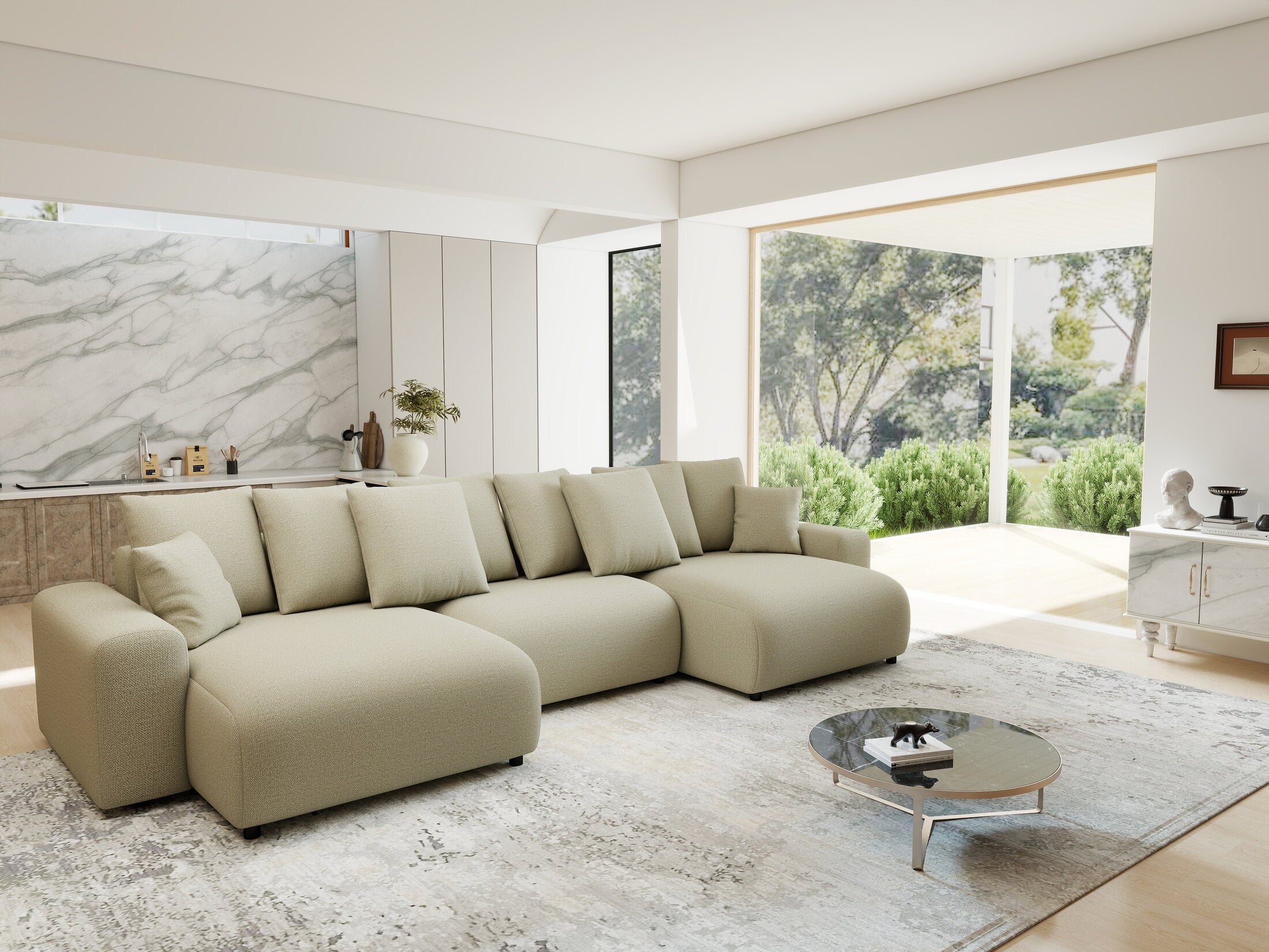 Colțar extensibil dumonde cu ladă de depozitare si sezut confortabil din spuma HR, Luma U Enjoy Bej 336x140 cm