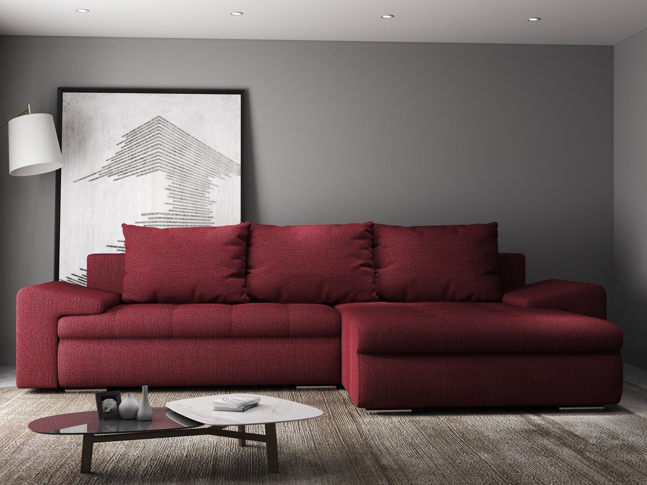 Colțar extensibil dumonde cu ladă de depozitare si sezut confortabil din spuma HR, Leonardo Enjoy Rosu 260x185 cm II Fabrica