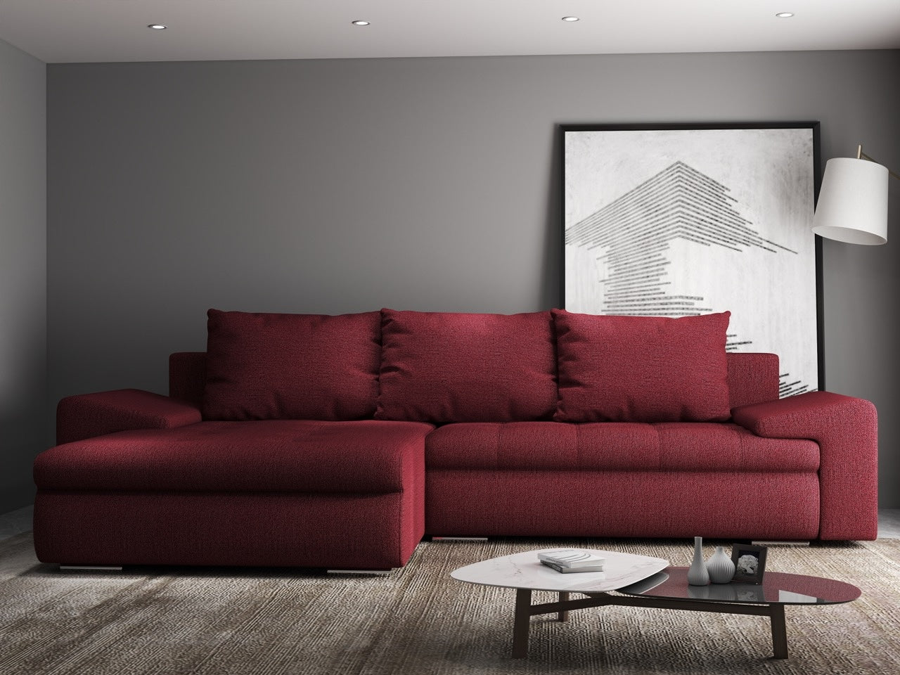 Colțar extensibil dumonde cu ladă de depozitare si sezut confortabil din spuma HR, Leonardo Enjoy Rosu 260x185 cm Fabrica