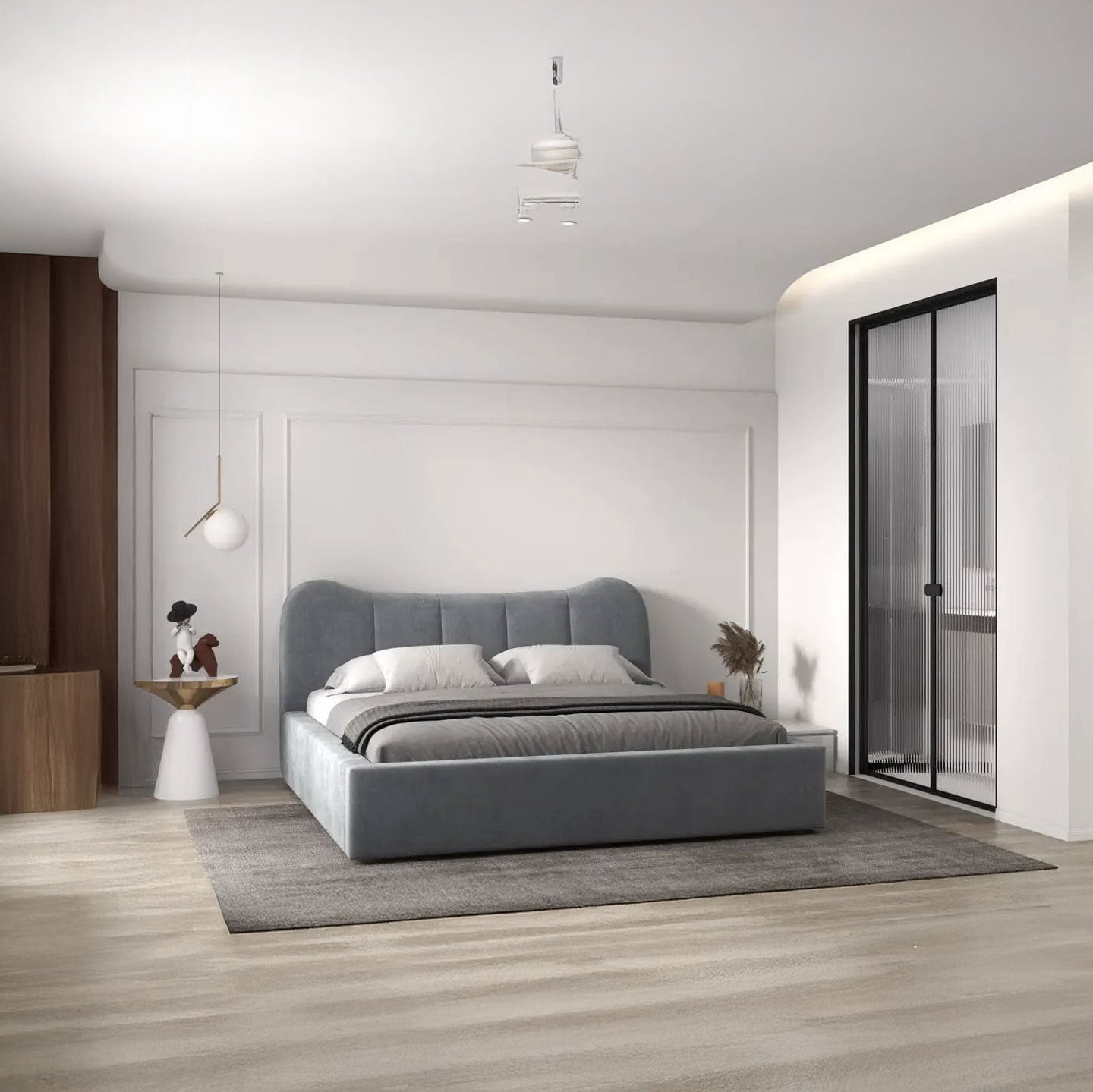 Pat dormitor tapitat gri, Albani 160x200 cm, somiera rabatabila inclusa, spatiu depozitare ULK