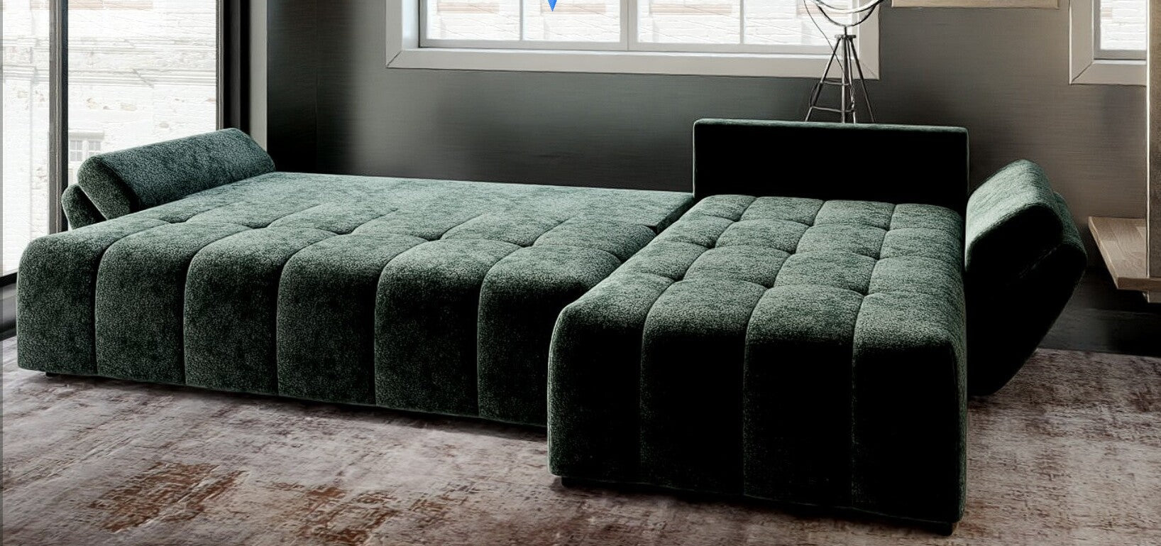Colțar extensibil dumonde cu ladă de depozitare si sezut confortabil din spuma HR, Berlin XL Euphoria Green 350x185 cm II Fabrica